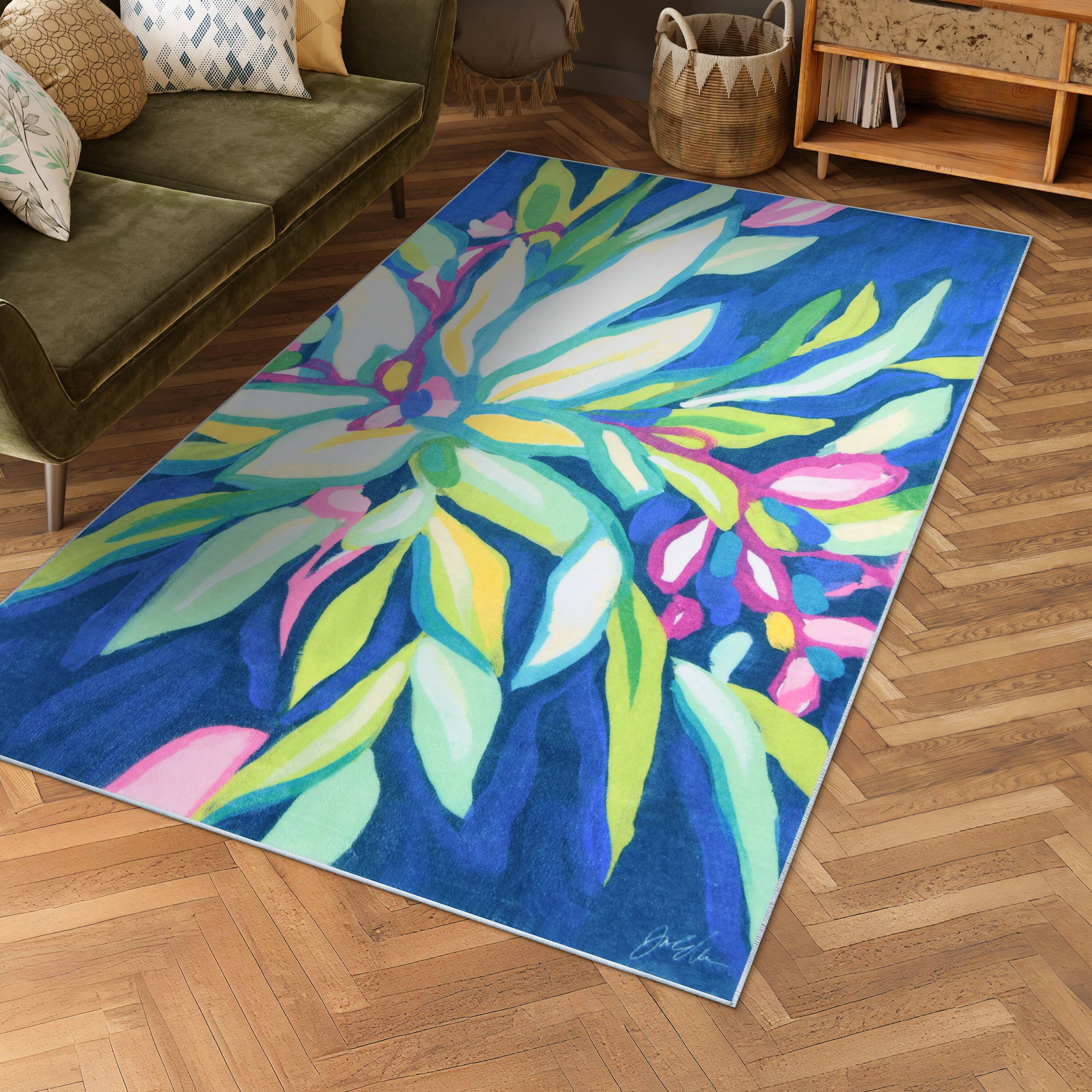 Empire Art Direct 5ft. x 8ft. Blue Tropics I Tapis D'Art Flowers Area Rug