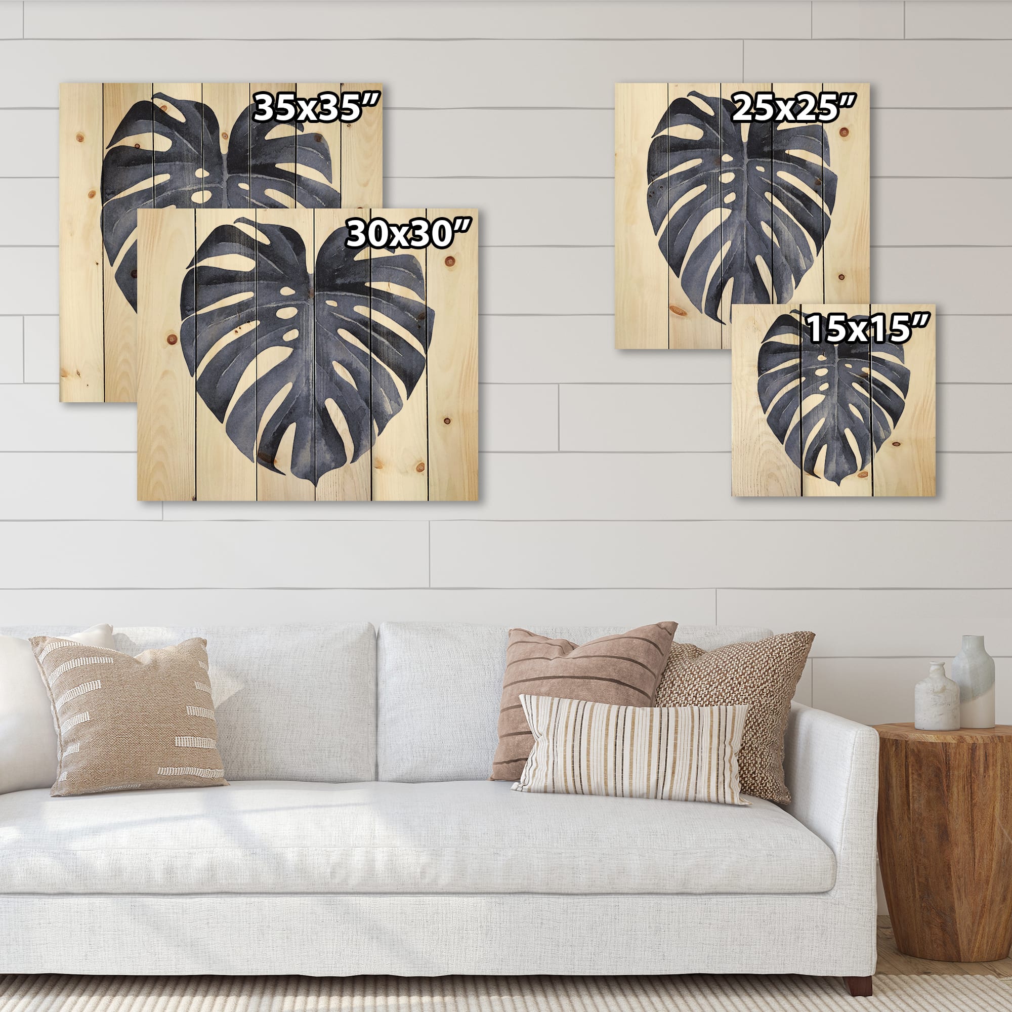 Designart - Tropical Blue Watercolour Leaves III - Traditional Print on Natural Pine Wood