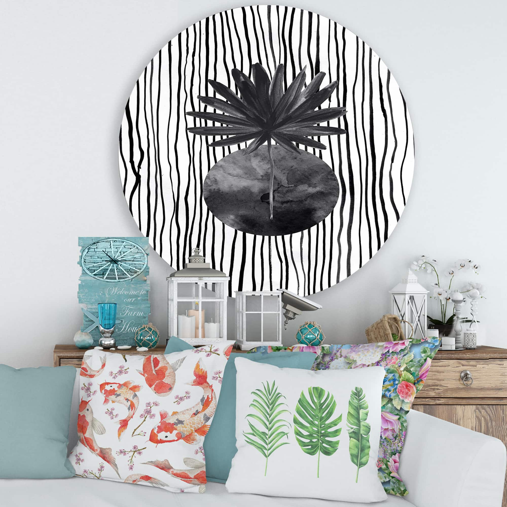 Designart - Black and White Tropical Leaf On Striped I