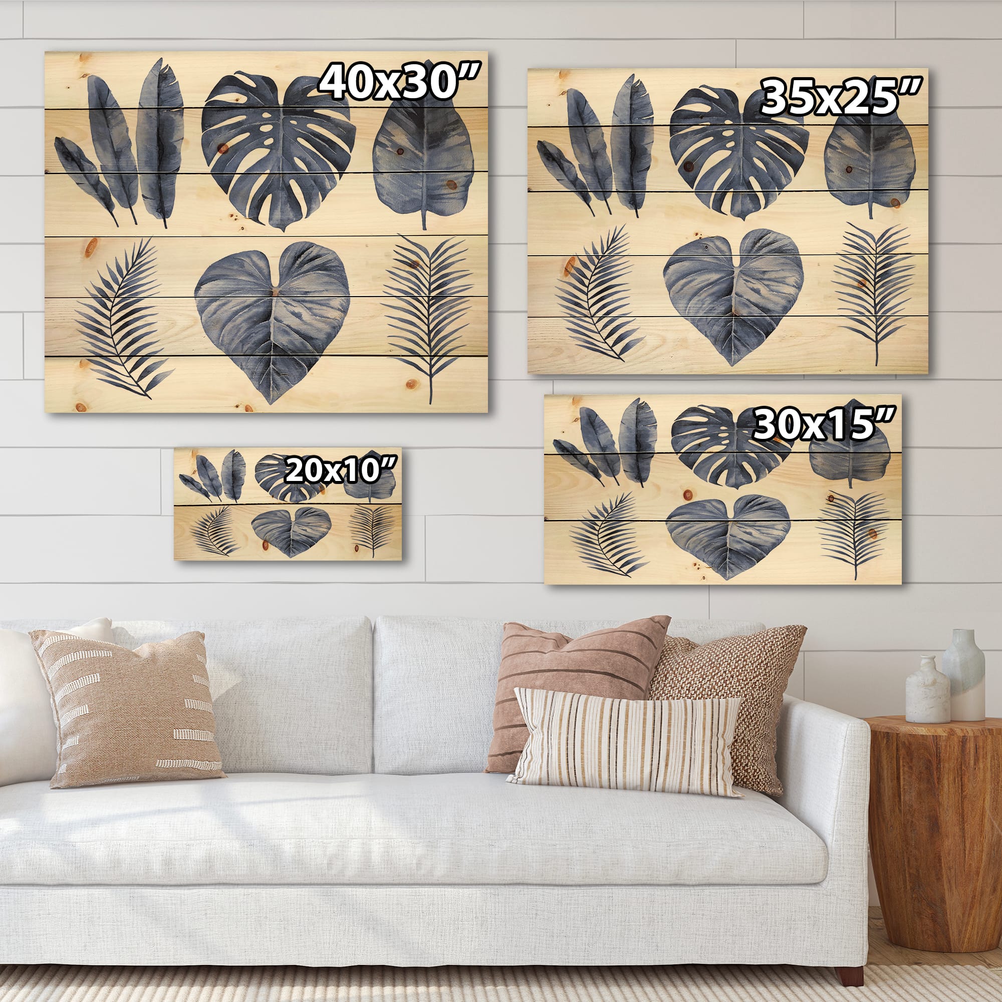 Designart - Tropical Blue Watercolour Leaves I - Farmhouse Print on Natural Pine Wood