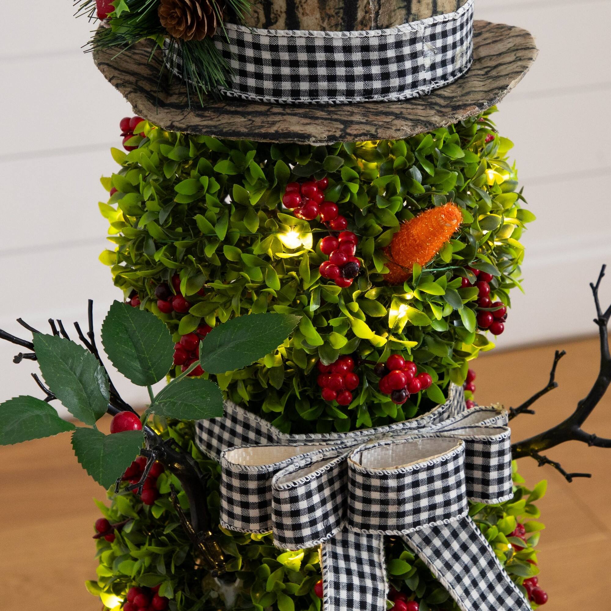 Nearly Natural 3.5ft. Pre-Lit Artificial Christmas Boxwood Snowman Topiary Tree in Decorative Planter