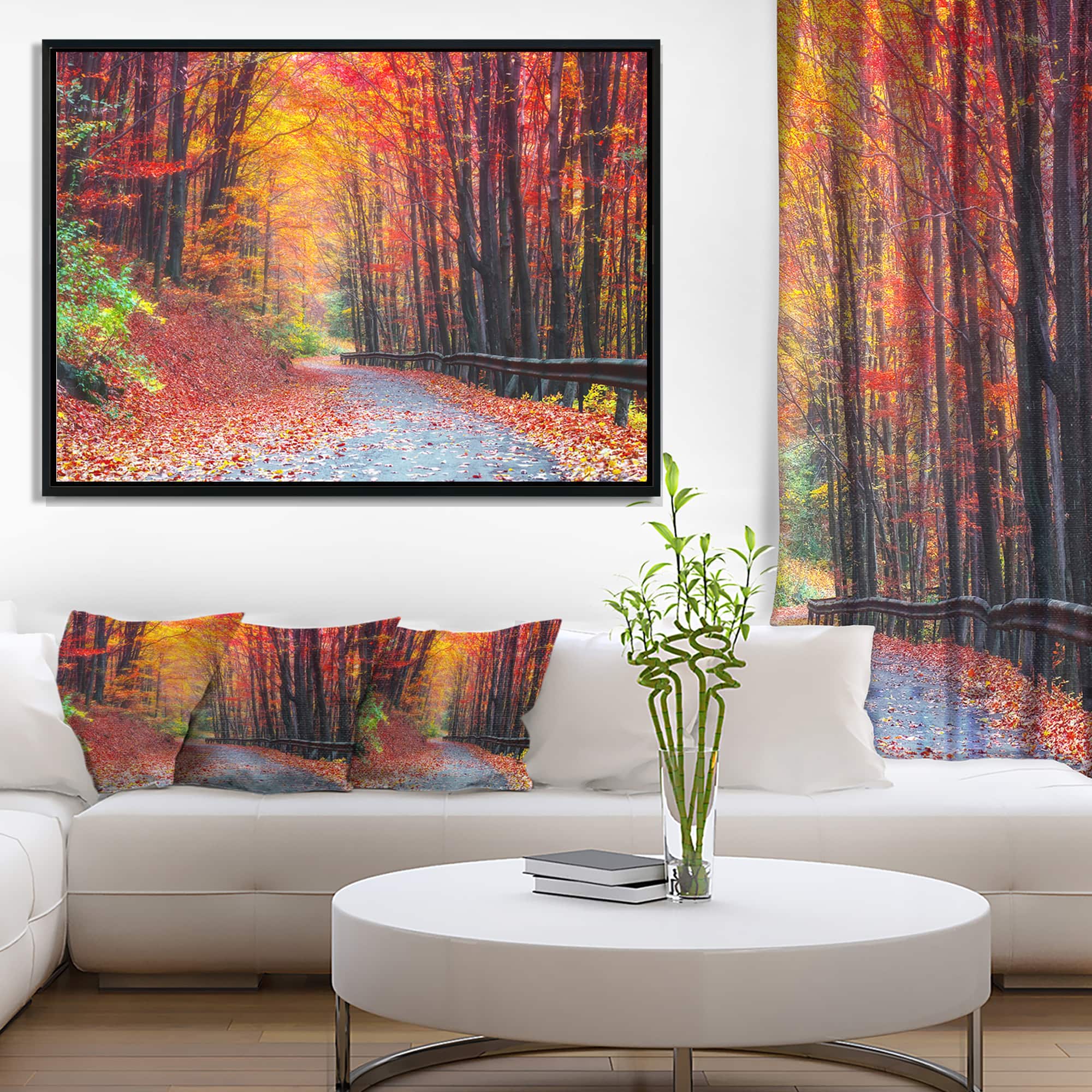 Designart - Road in Beautiful Autumn Forest - Modern Forest Framed Canvas Art