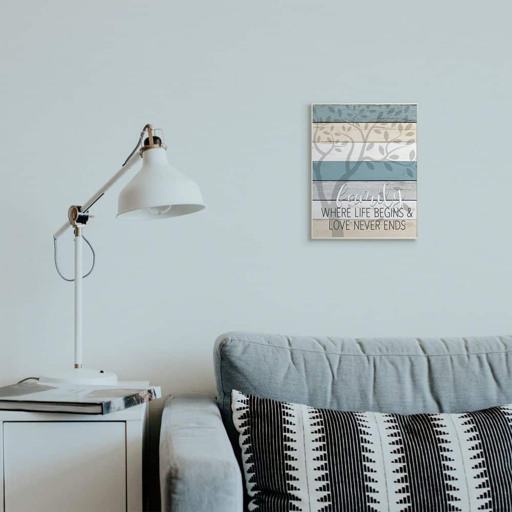 Stupell Industries Family Begin and End Quote Tree Wood Grain Blue Tan Phrase Wood Wall Plaque