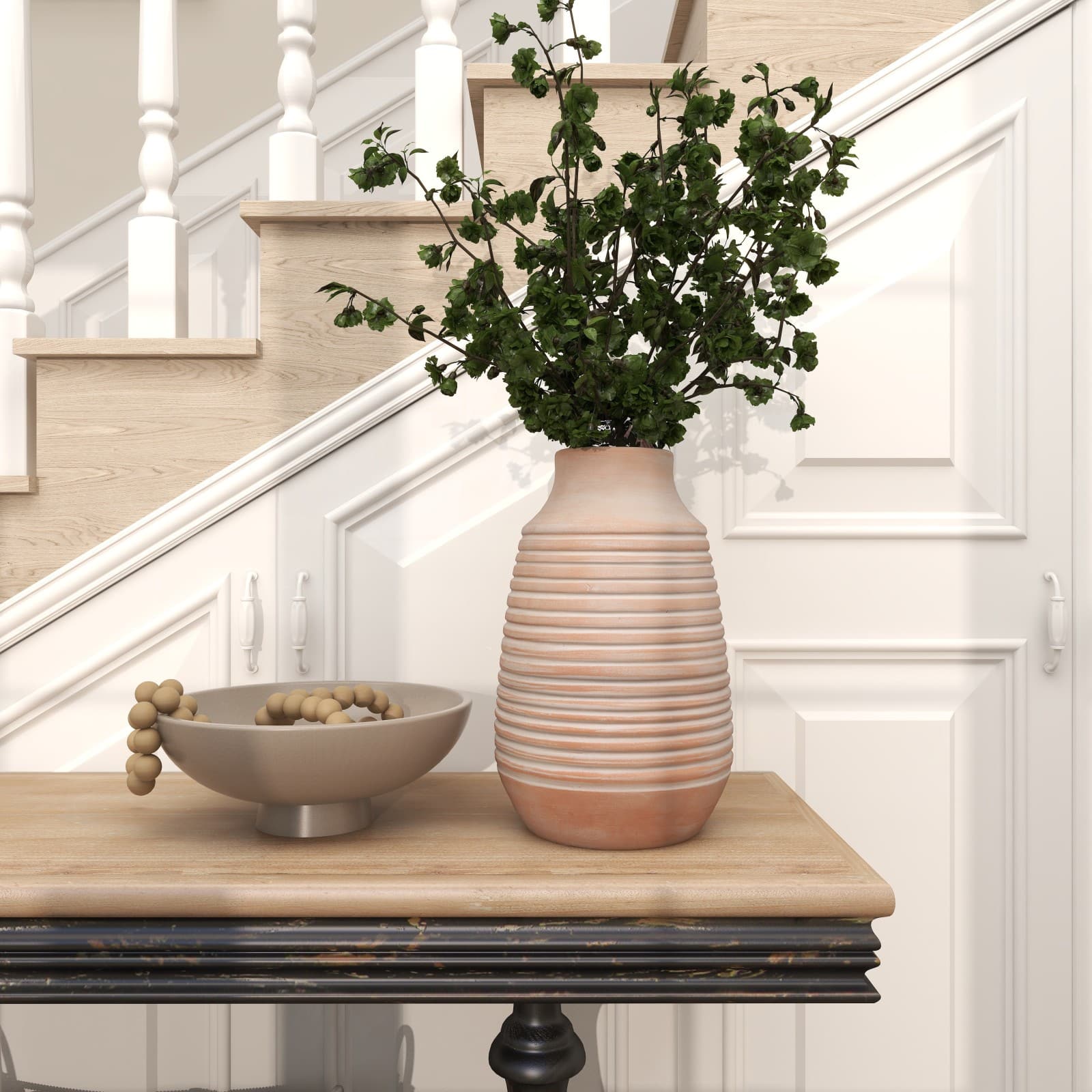 15" Pink Whitewashed Ribbed Terra Cotta Vase