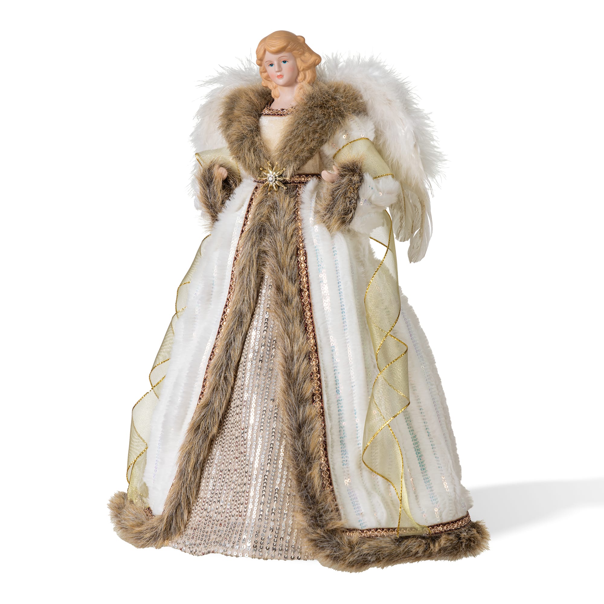 Glitzhome® 18" Faux Fur & PVC Elegant Christmas Angel Tree Topper with Porcelain Face in Silver | 7.75" x 4" x 18" | Michaels®