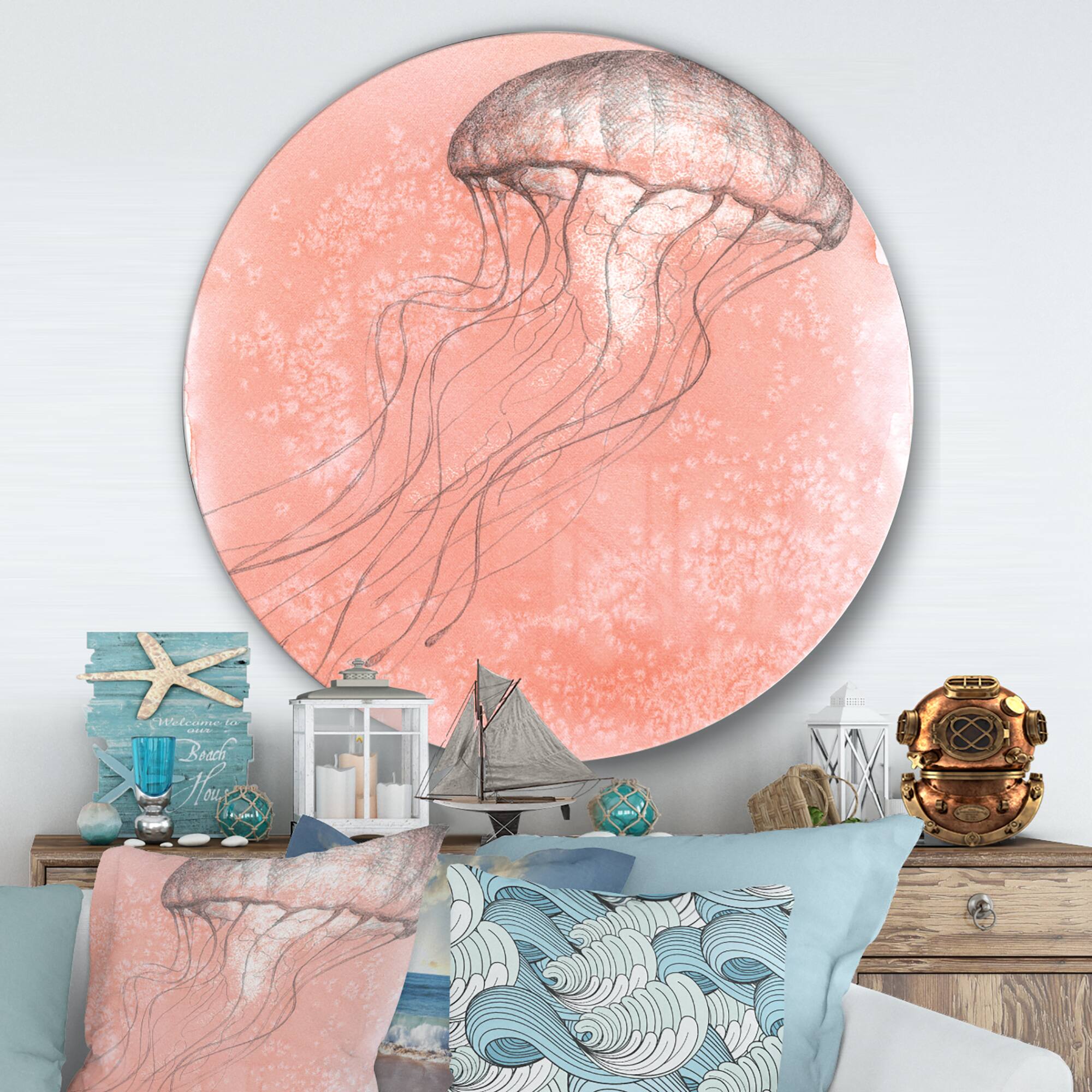 Designart - Coastal Sea Life IV jellyfish sketches - Nautical & Coastal Metal Circle Wall Art