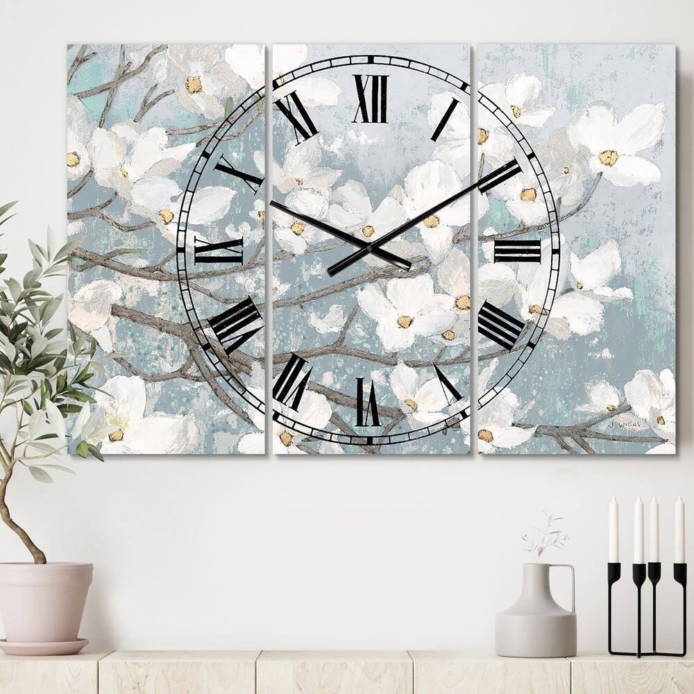 Designart Blue On Grey Blossoms Traditional 3 Panel Wall Clock