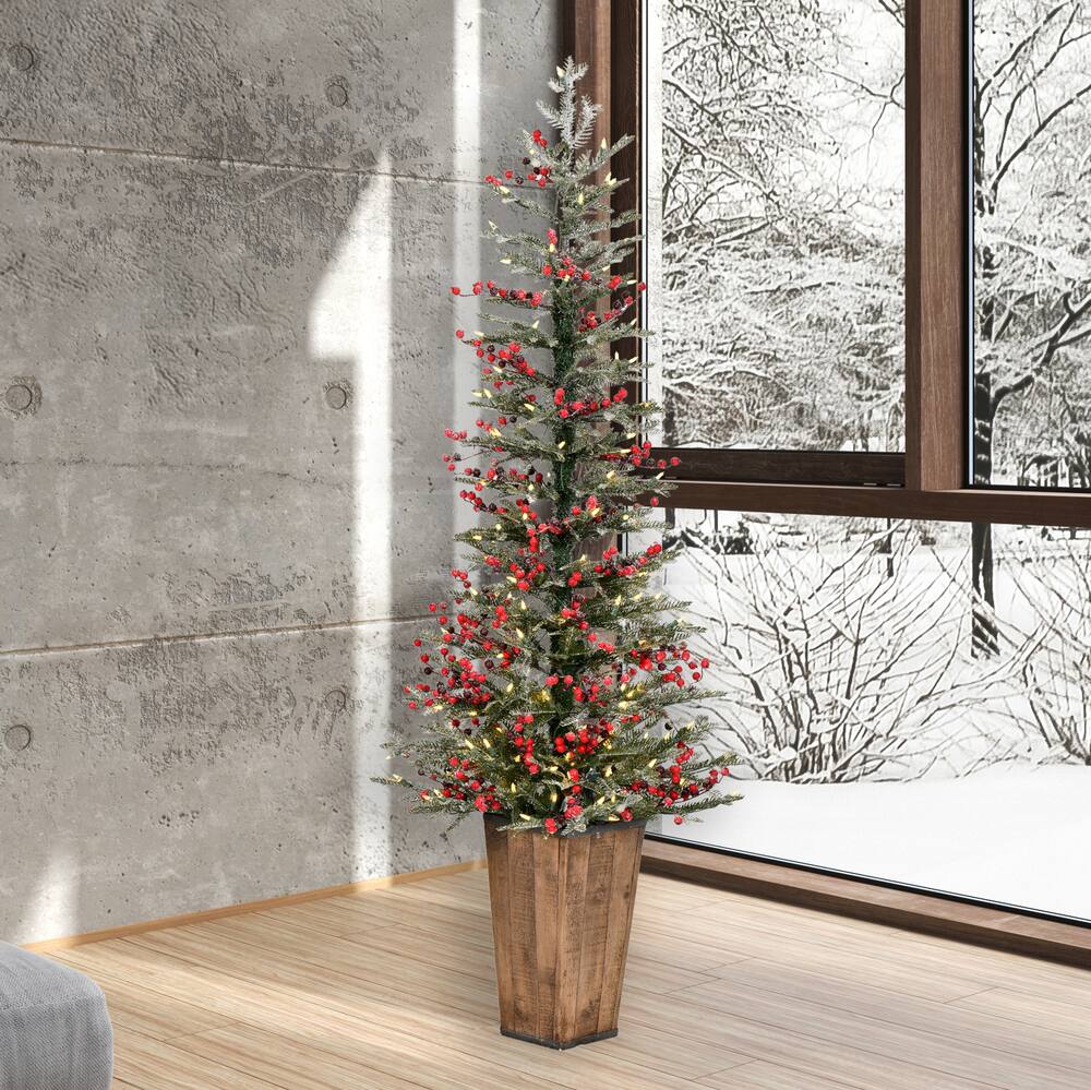 5.5ft Pre-Lit Frosted Berry Potted Pine Artificial Christmas Tree, Warm White Dura-Lit LED Lights