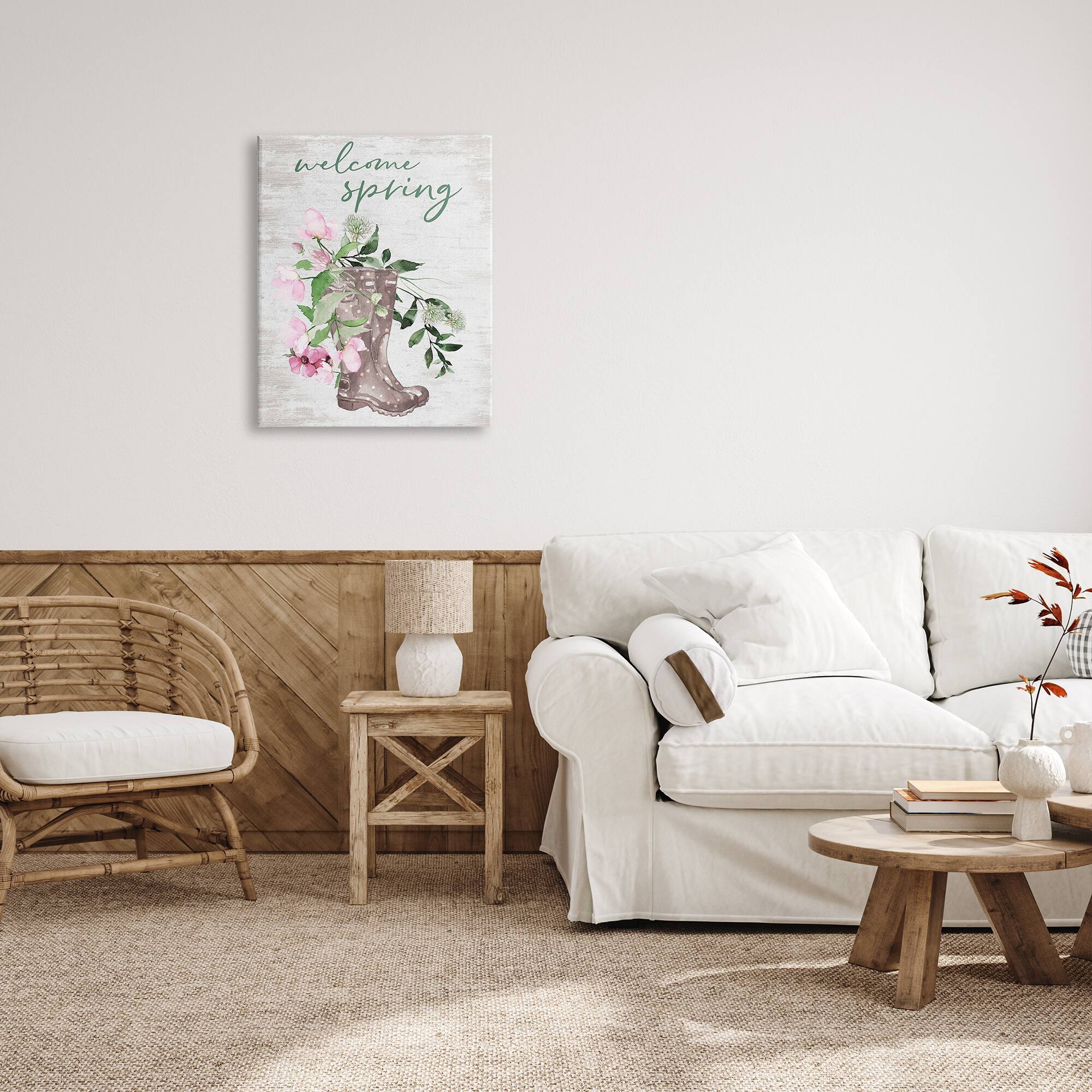 Stupell Industries Welcome Spring Seasonal Rain Boots Flower Arrangement Canvas Wall Art