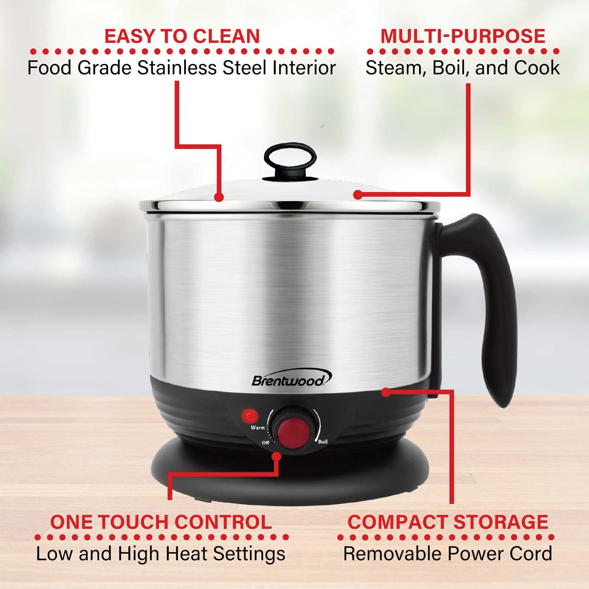 Brentwood Black 1.3qt. 600 Watt Stainless Steel Cordless Electric Hot Pot Cooker & Food Steamer With Swivel Base