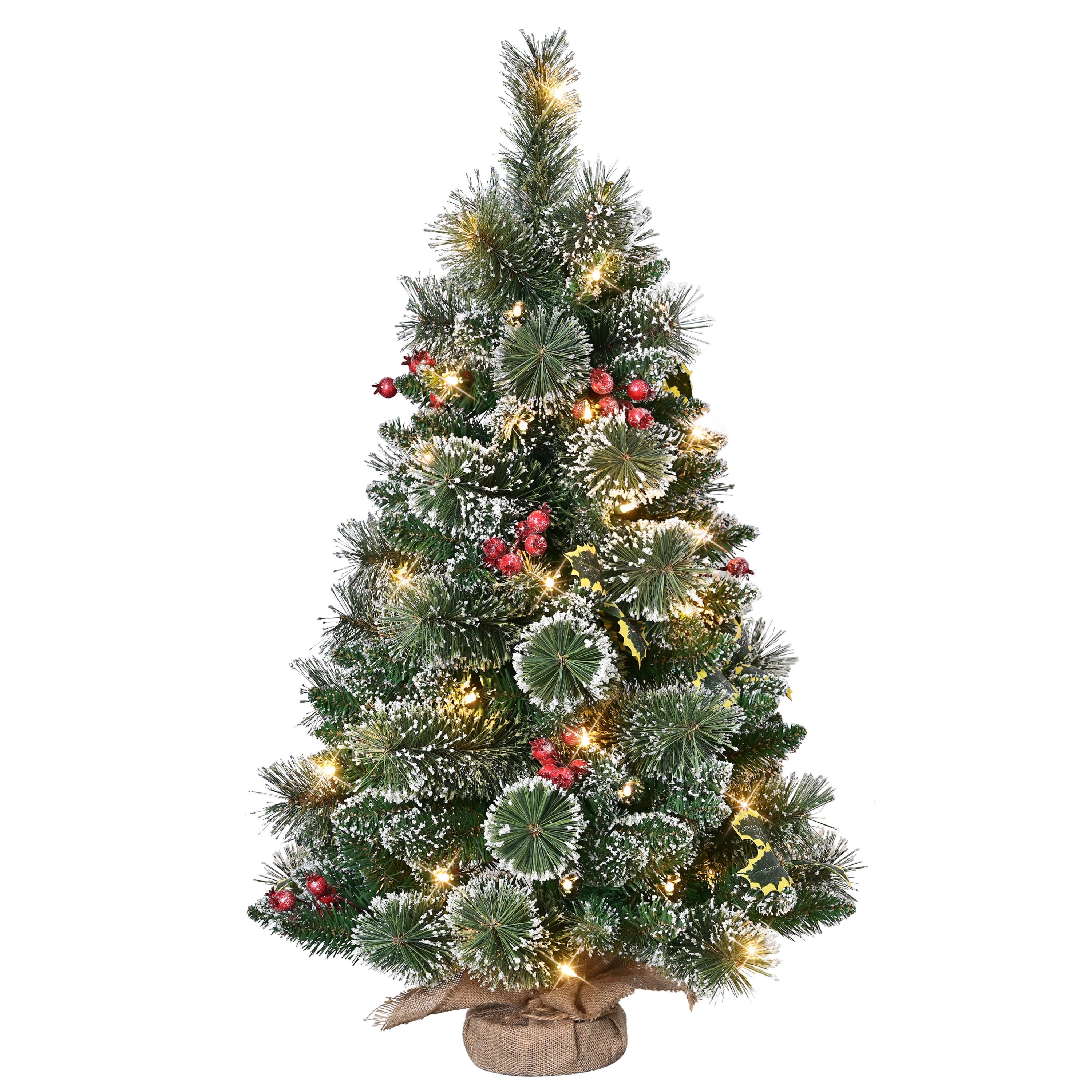 Puleo 3ft. Pre-Lit Snowy Pine with Holly Leaves & Berries Artificial Christmas Tree in Burlap Sack, UL-Listed Incandescent Lights