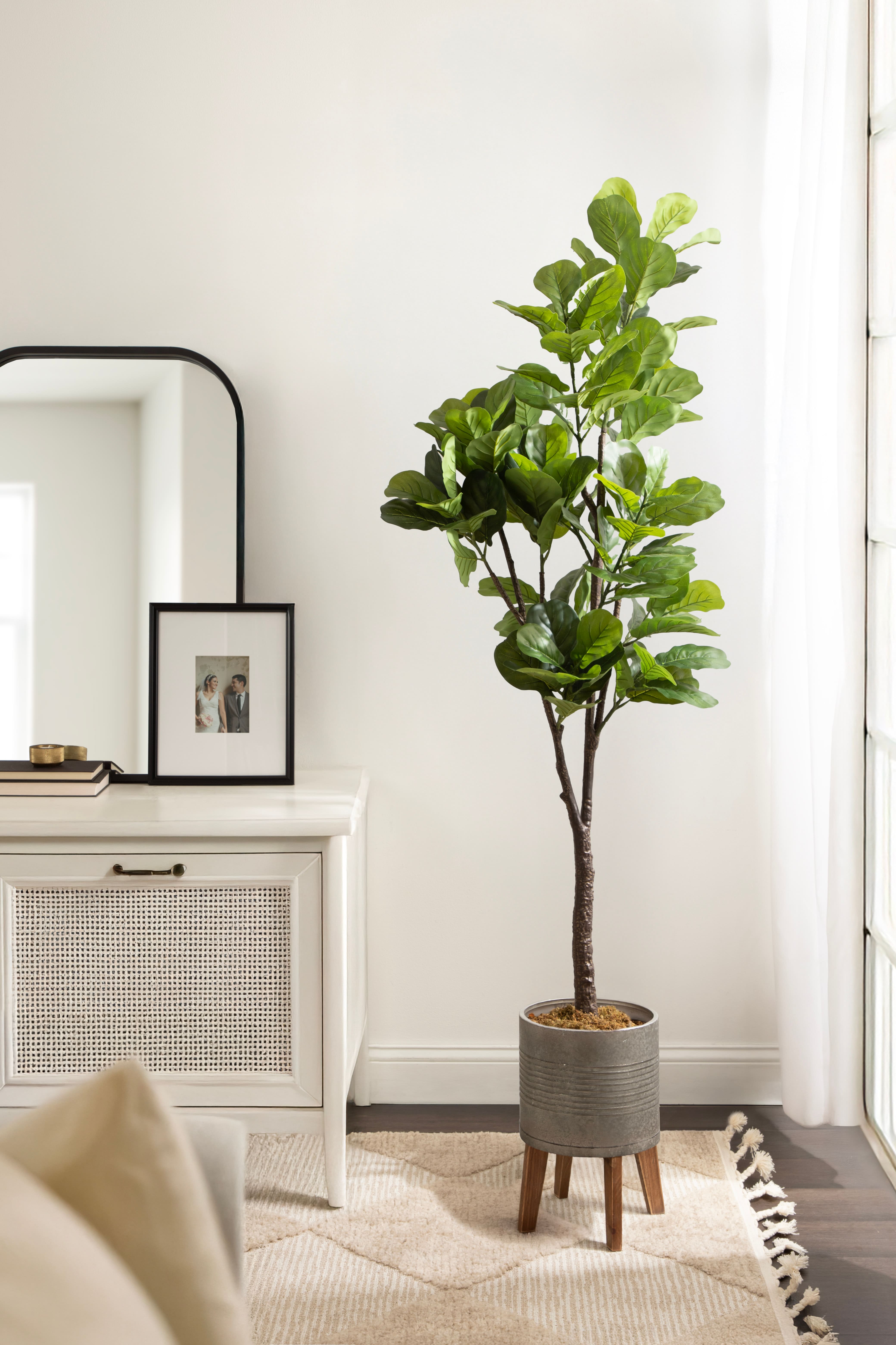 Kate and Laurel Fidmont 6ft. Faux Fiddle Fig Tree in Gavri Wood Footed Planter