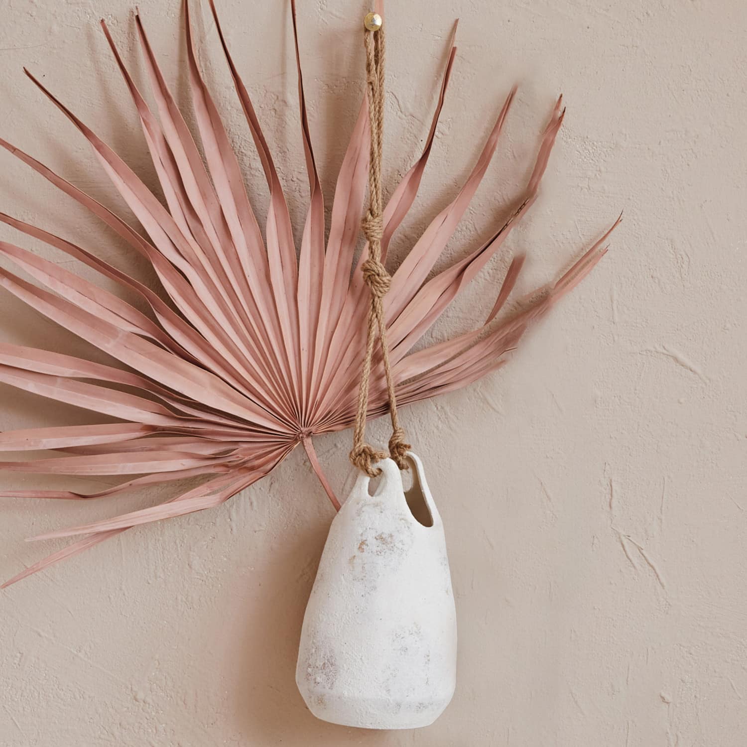 Hello Honey® 12.25" White Distressed Volcano Finish Stoneware Hanging Planter with Jute Rope Hanger