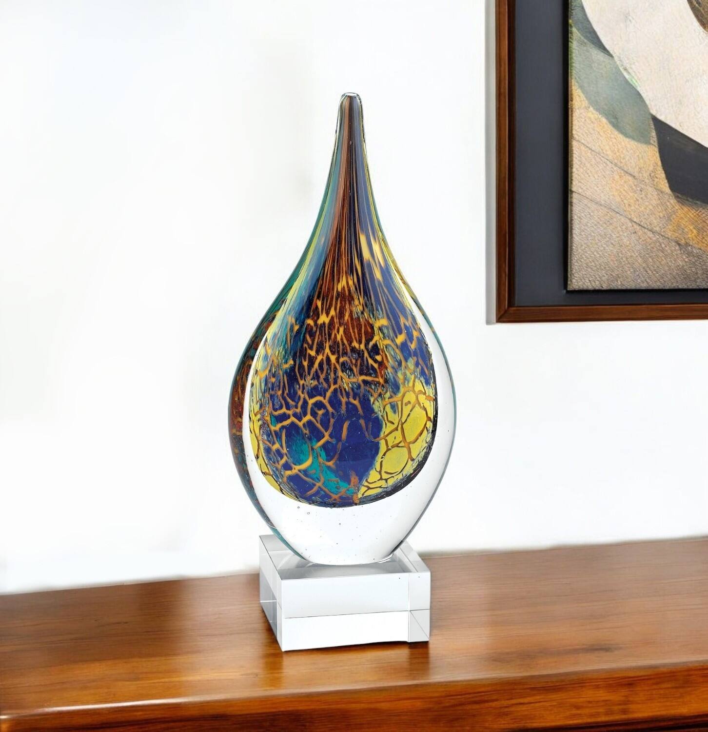HomeRoots 13" Blue & Yellow Murano Glass Modern Abstract Tabletop Sculpture