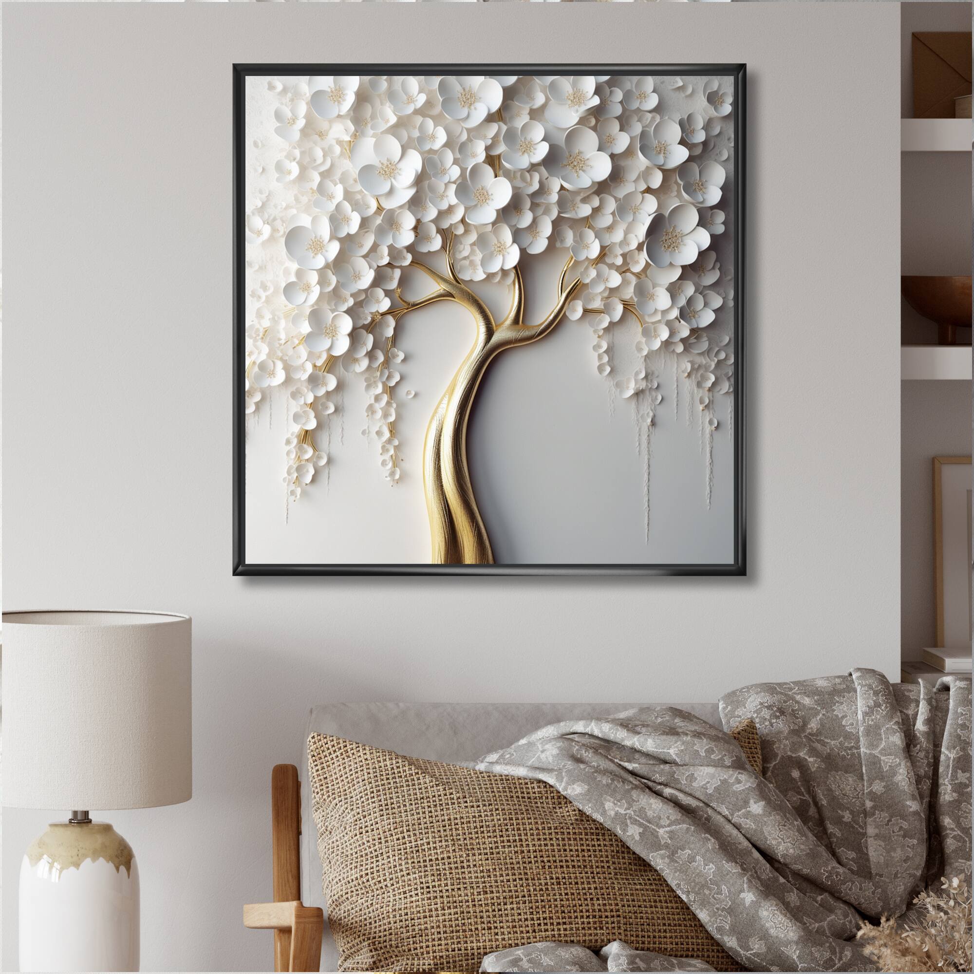 Designart "White Orchid Tree Garden Of Branches Vii" Tree Floral Framed Wall Art For Living Room
