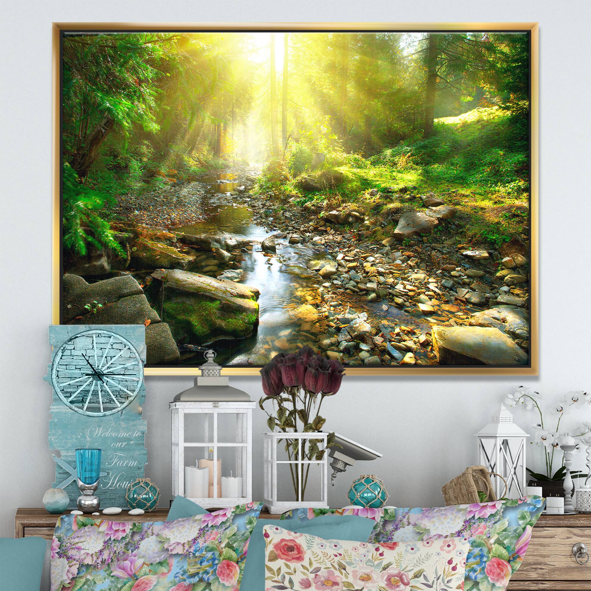 Designart - Mountain Stream in Forest - Landscape Photography Framed Canvas Print