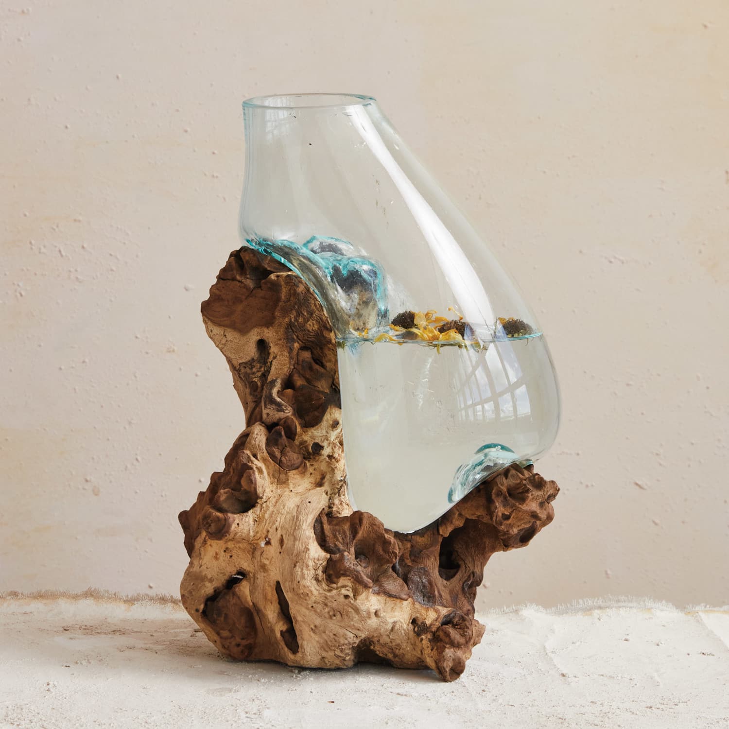 Hello Honey® 15.75" Clear & Natural Reclaimed Glass Terrarium Vase with Wood Base