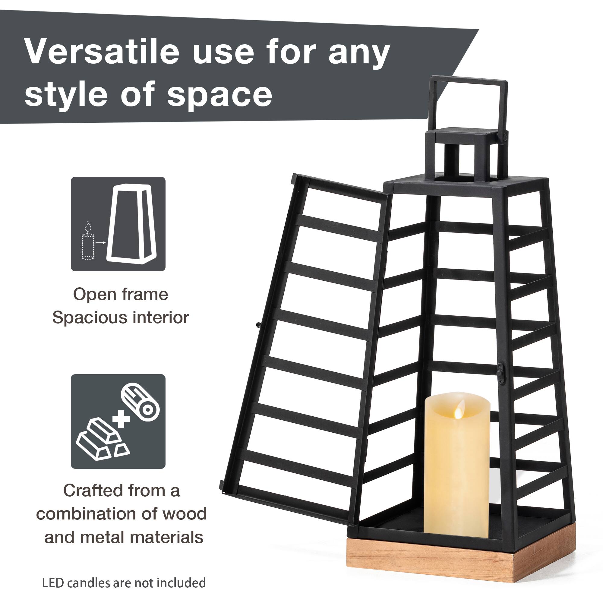 Glitzhome® Black Modern Trapezoid Metal & Wood Lanterns Set