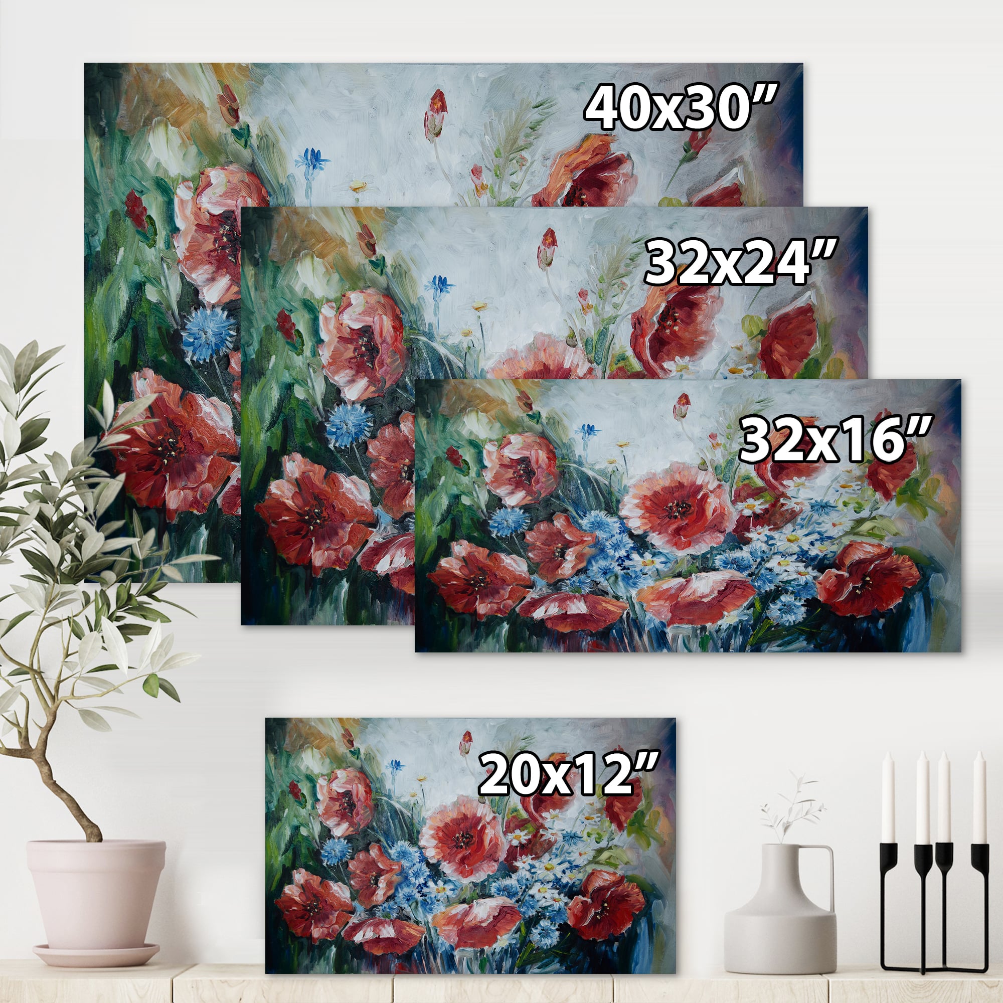 Designart - Retro Bouquet of Poppies - Traditional Canvas Wall Art Print