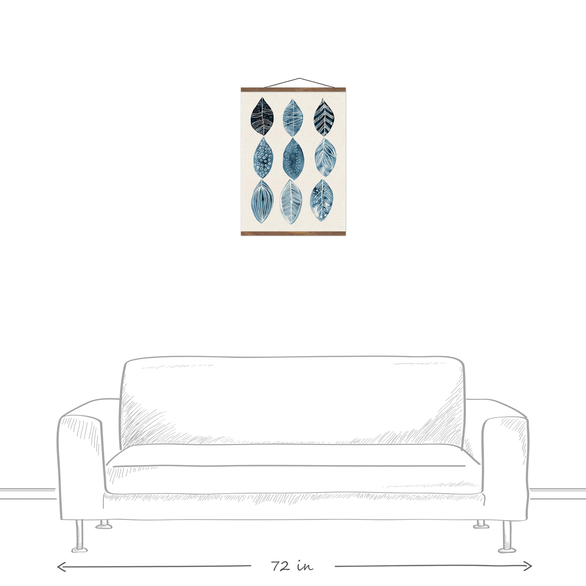 Blue Watercolor Leaves 12" x 18" Teak Hanging Canvas