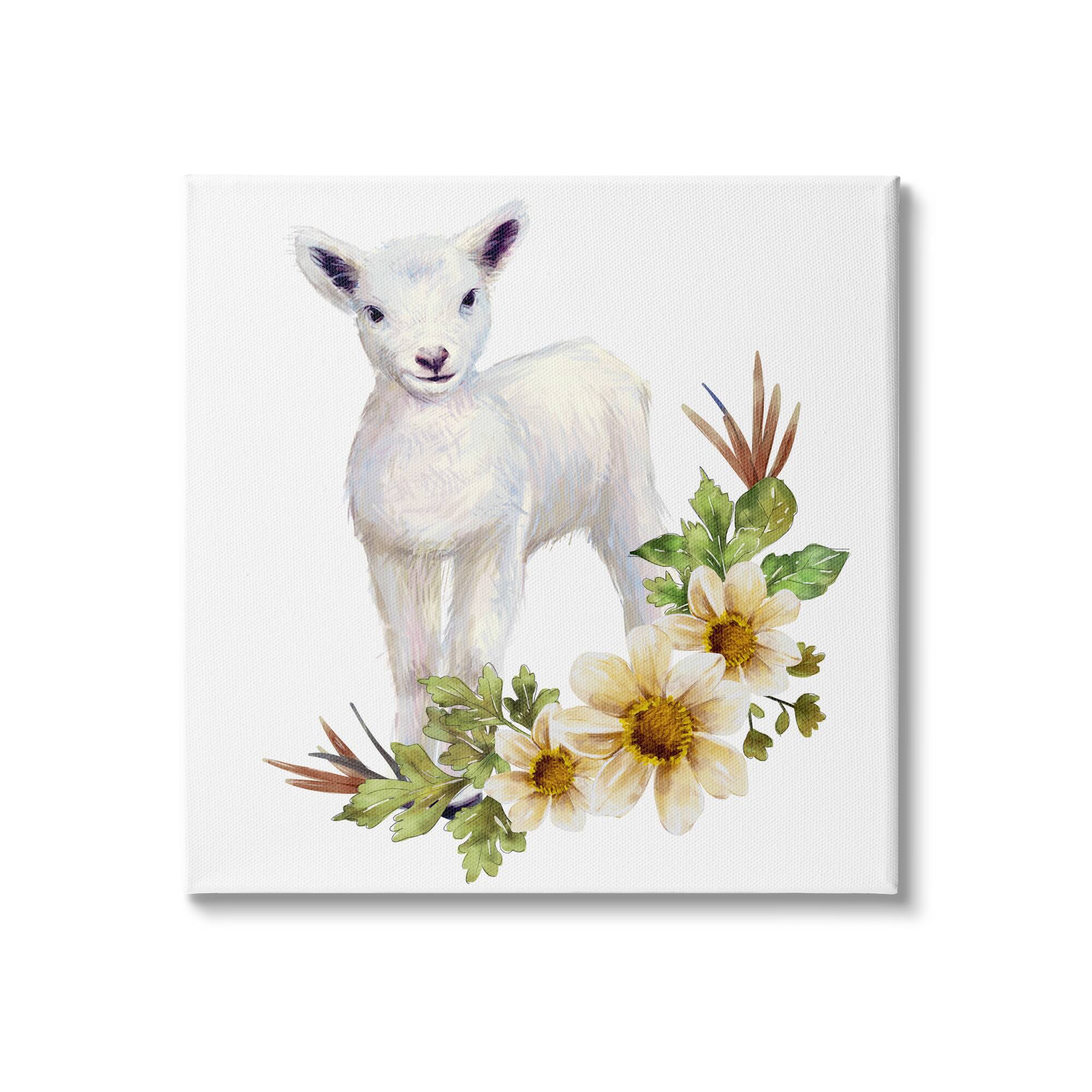 Stupell Industries Baby Lamb Autumn Daisy Florals Tree Leaf Foliage Canvas Wall Art