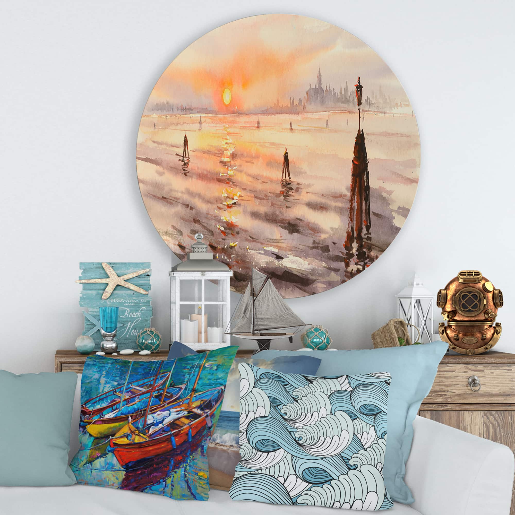 Designart - Panorama of Venice Laguna At Sunset - Nautical & Coastal Metal Circle Wall Art