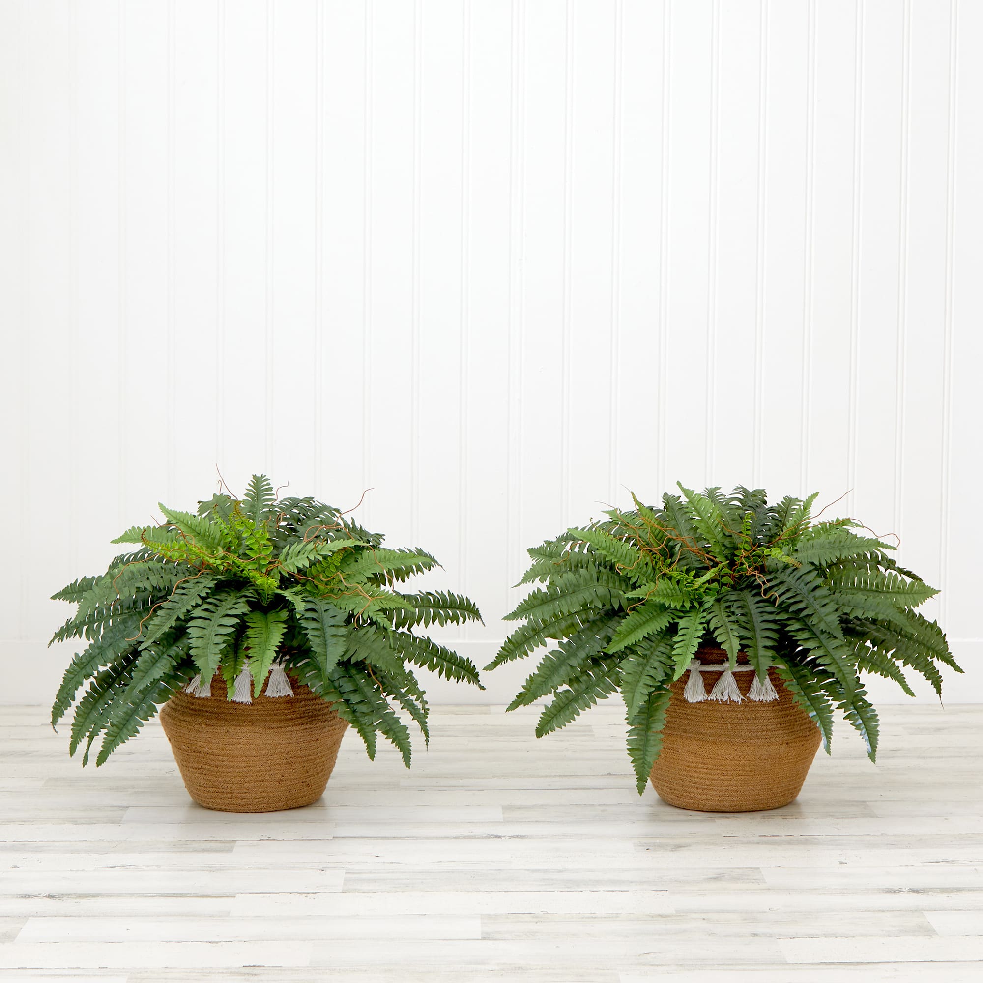 23" Artificial Boston Fern Plant with Handmade Jute & Cotton Basket with Tassels