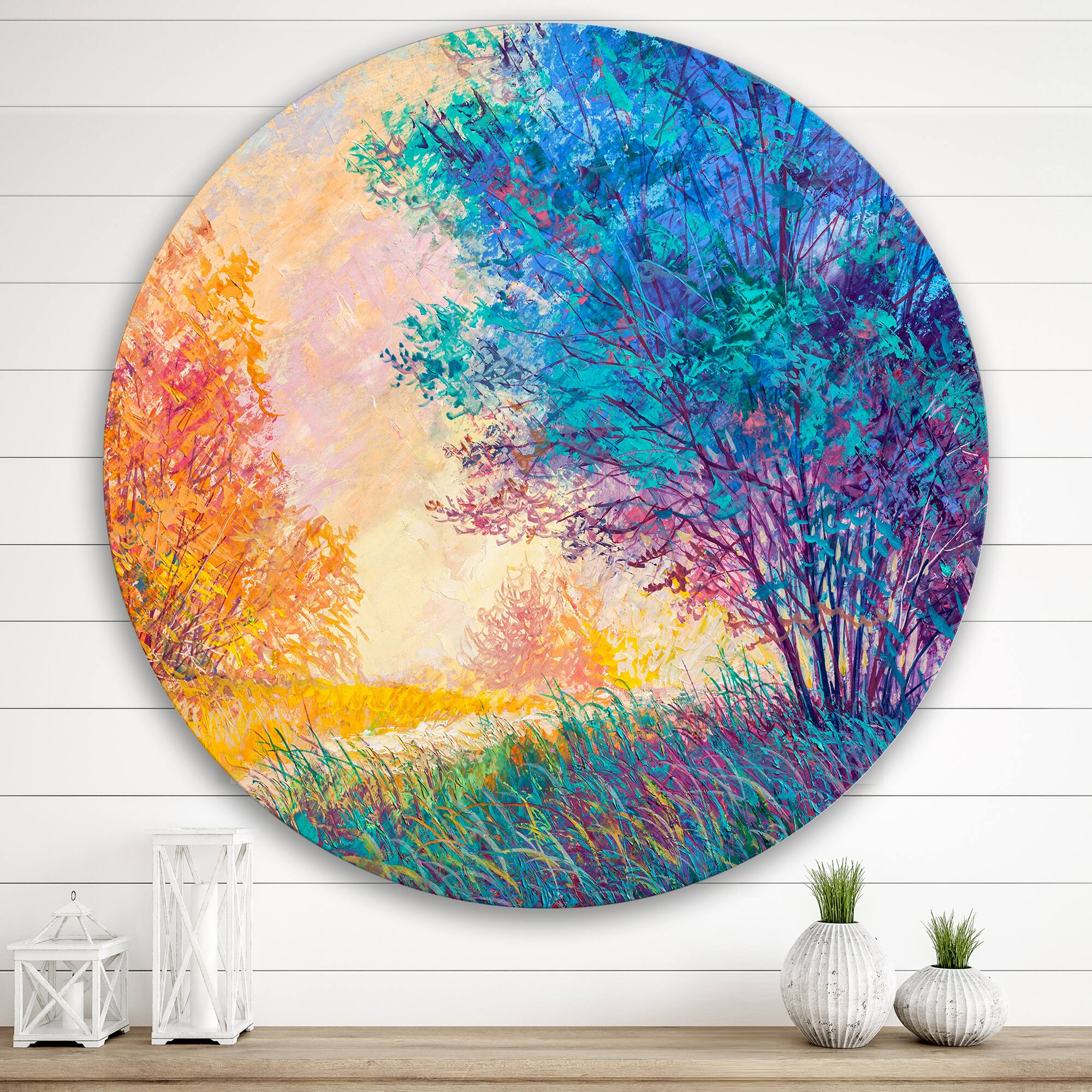 Designart - Sunset In Autumnal Landscape - Traditional Metal Circle Wall Art