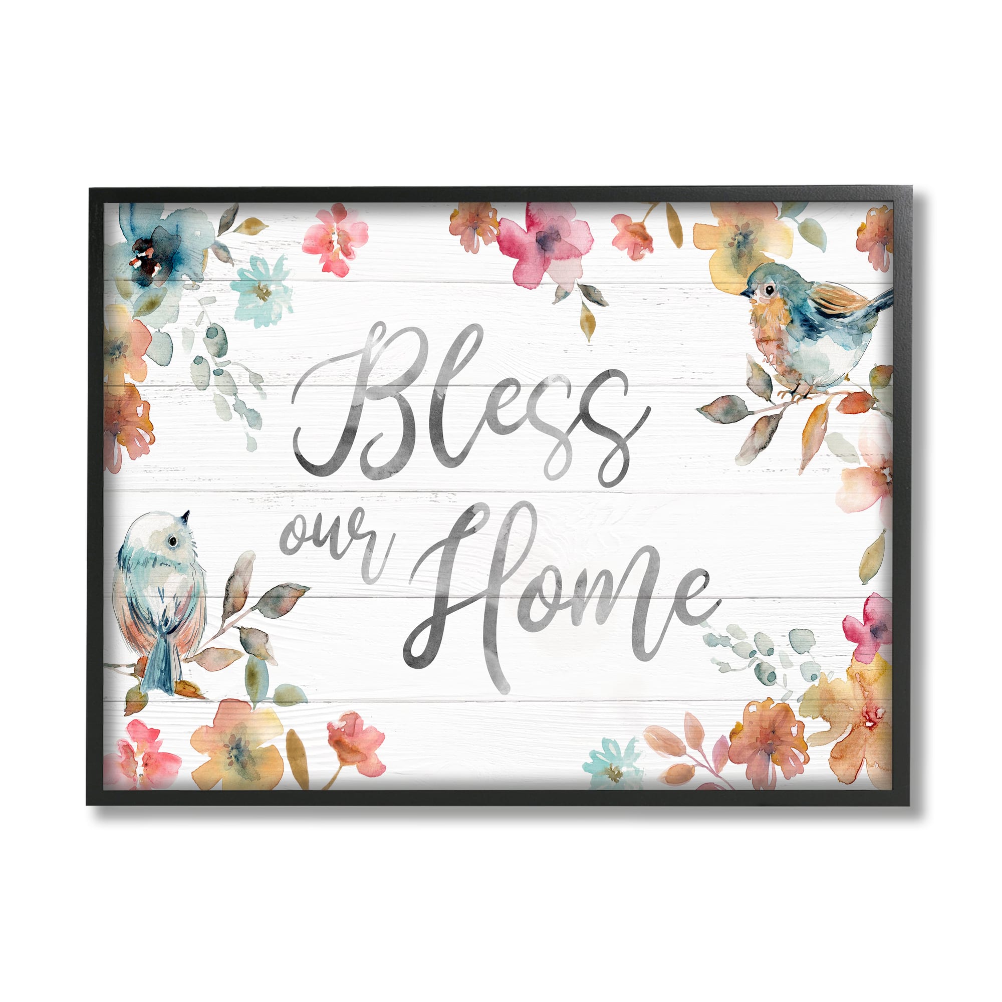 Stupell Industries Bless Our Home Greeting Watercolor Birds Blooming Flowers Framed Wall Art