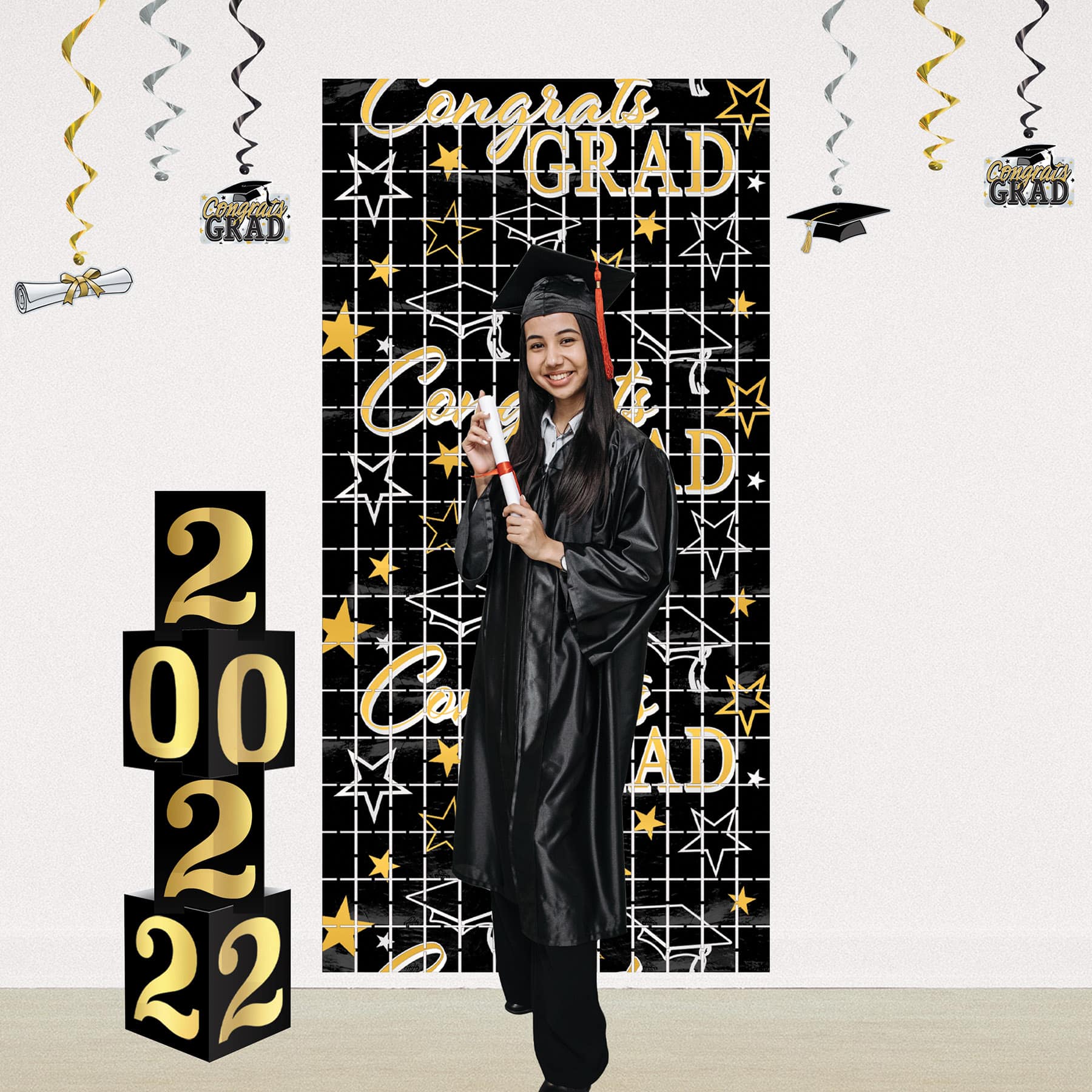 Beistle 6.5ft. Black & Gold Congrats Grad Metallic Square Curtain
