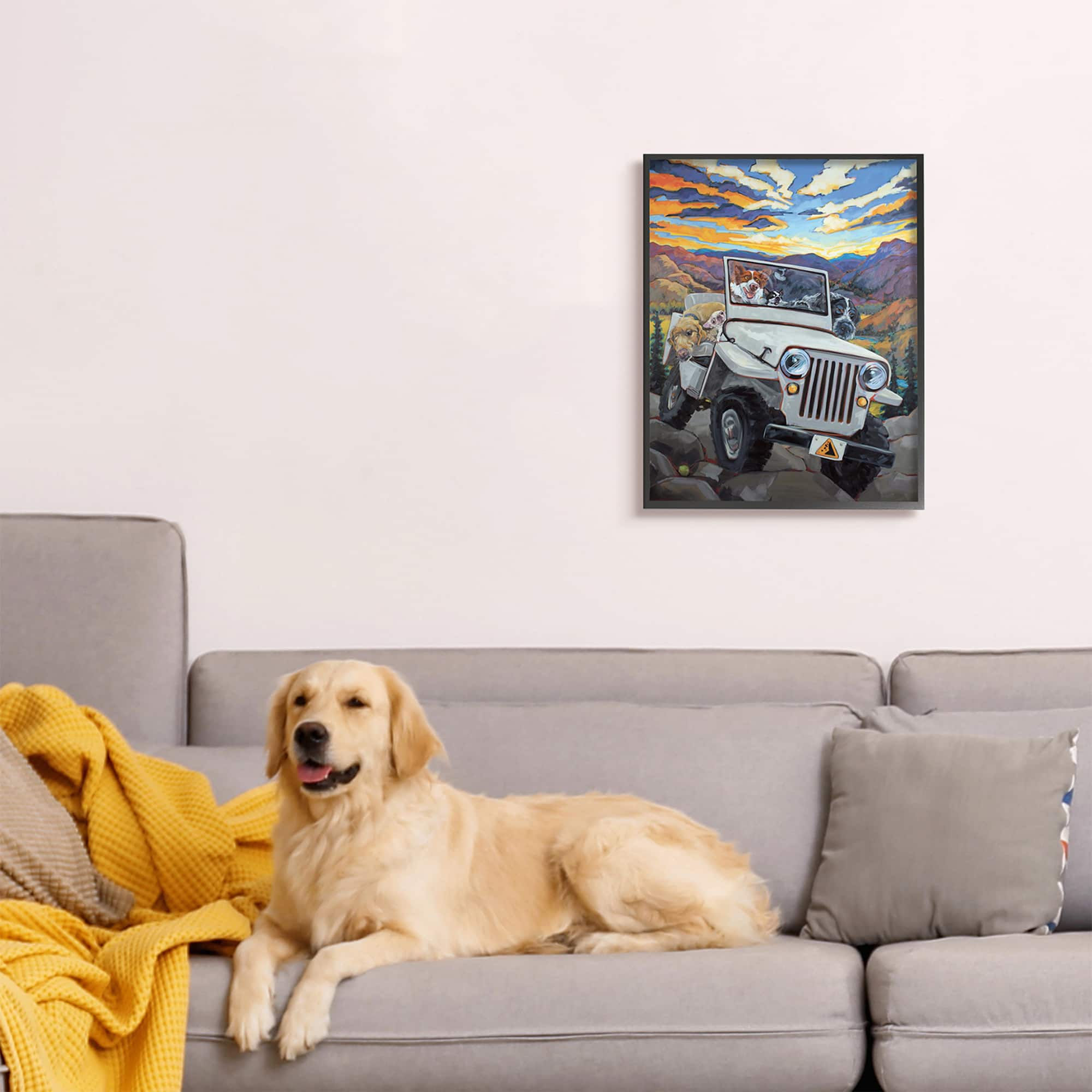 Stupell Industries Dogs Off-Roading Mountain Sunset Wall Art with Frame
