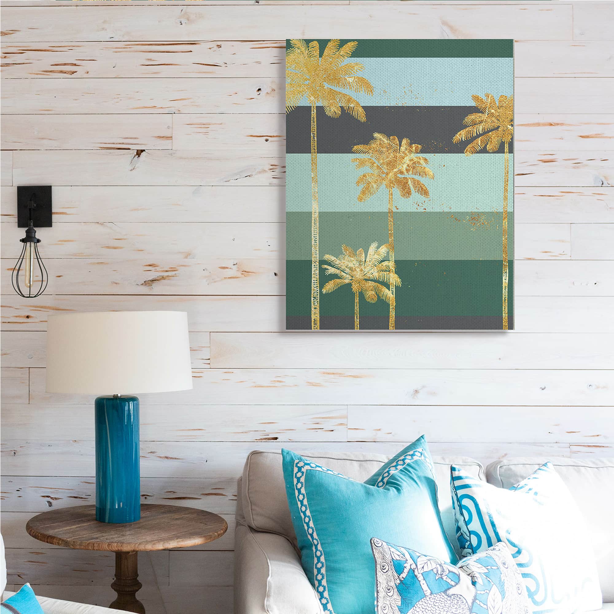 Stupell Industries Glam Tropical Palms over Green Bold Stripes Canvas Wall Art
