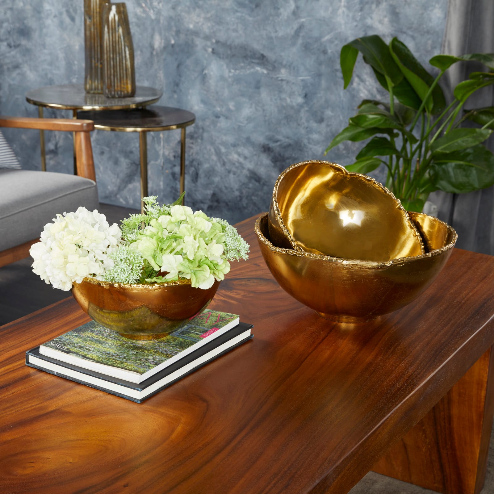 Set of 3" Gold Aluminum Modern Decorative Bowl, 6" x 14" x 14"
