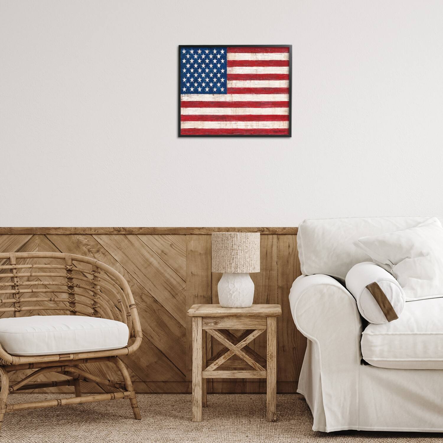 Stupell Industries Rustic American Flag Red White Blue Distressed Pattern Framed Giclee Art