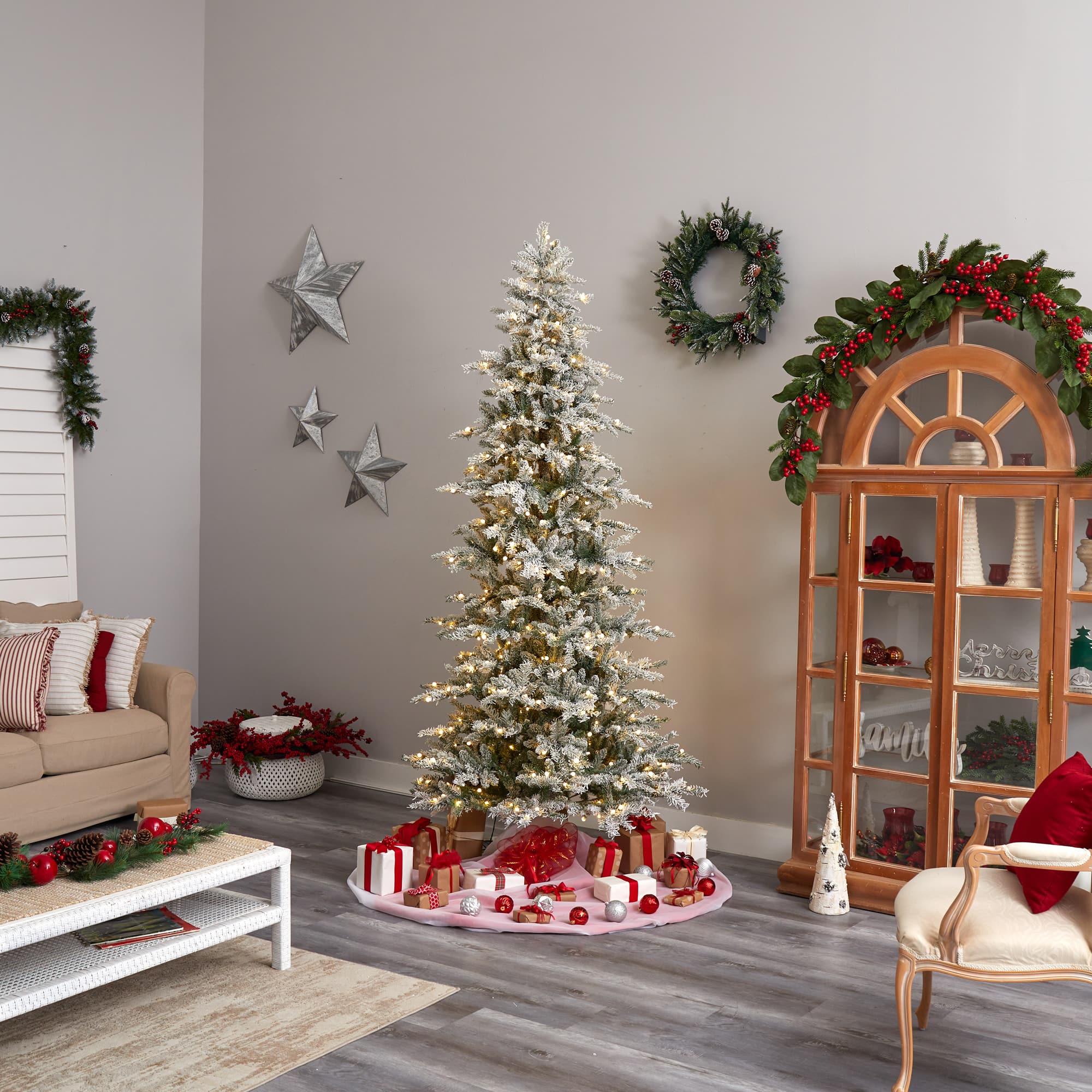 8.5ft. Pre-Lit Slim Flocked Nova Scotia Spruce Artificial Christmas Tree, Warm White LED Lights