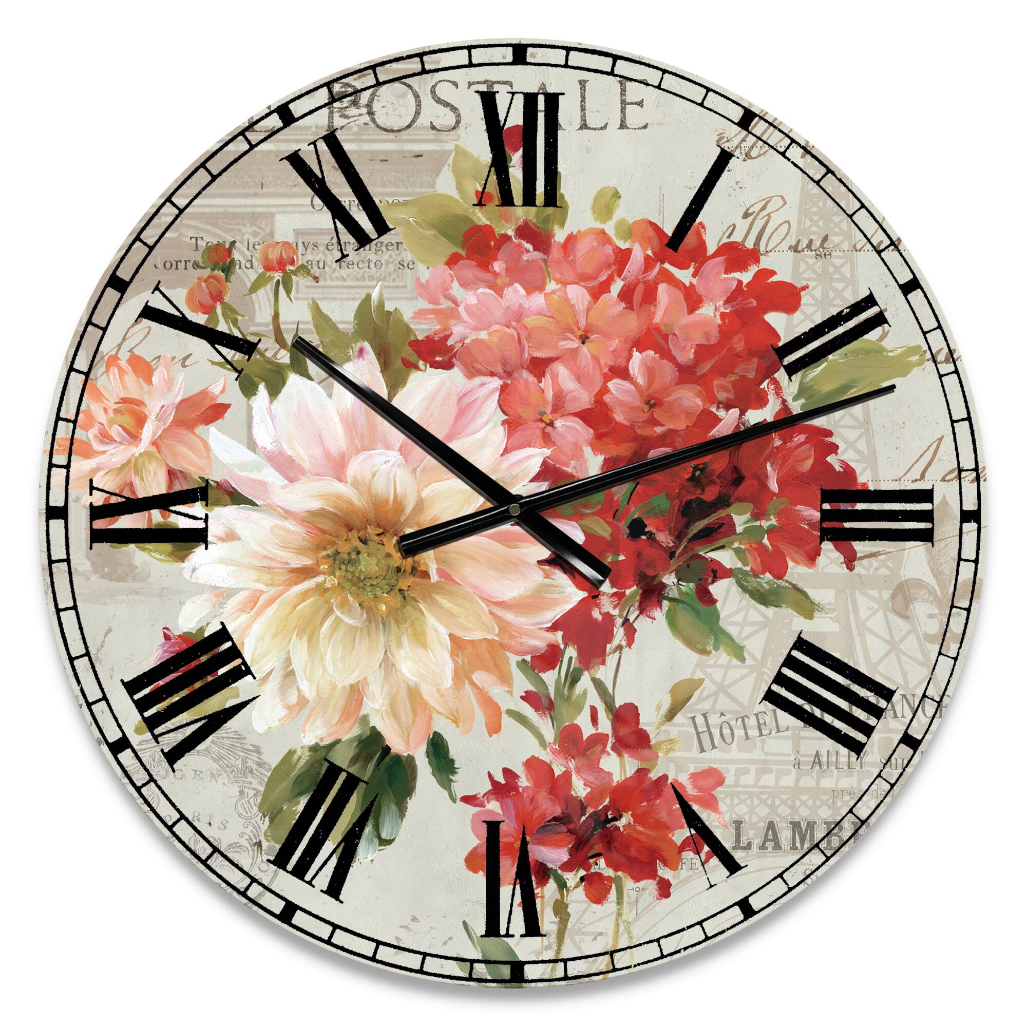 Designart 'Red Painted Flowers On Vintage Postcard I Traditional Wall Clock
