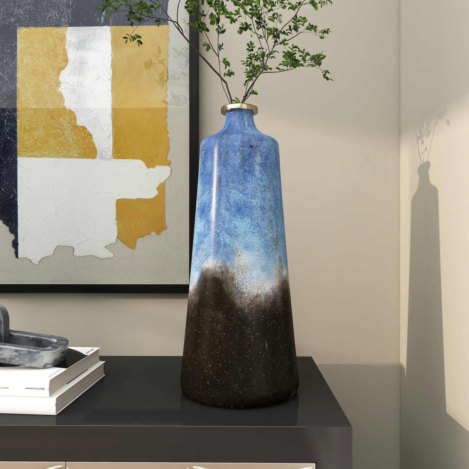 20" Blue Glass Galaxy Inspired Abstract Vase with Gold Top