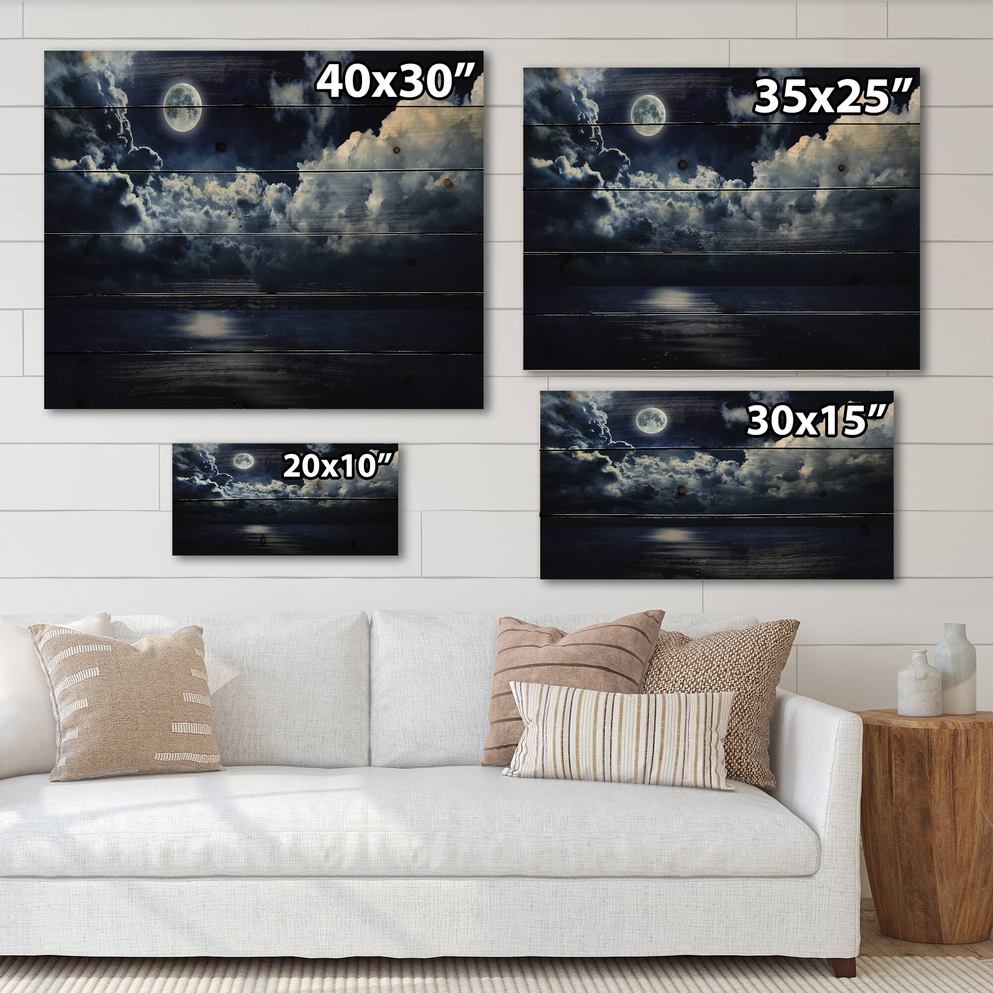 Designart - Full Moon in Cloudy Night Sky - Modern Print on Natural Pine Wood
