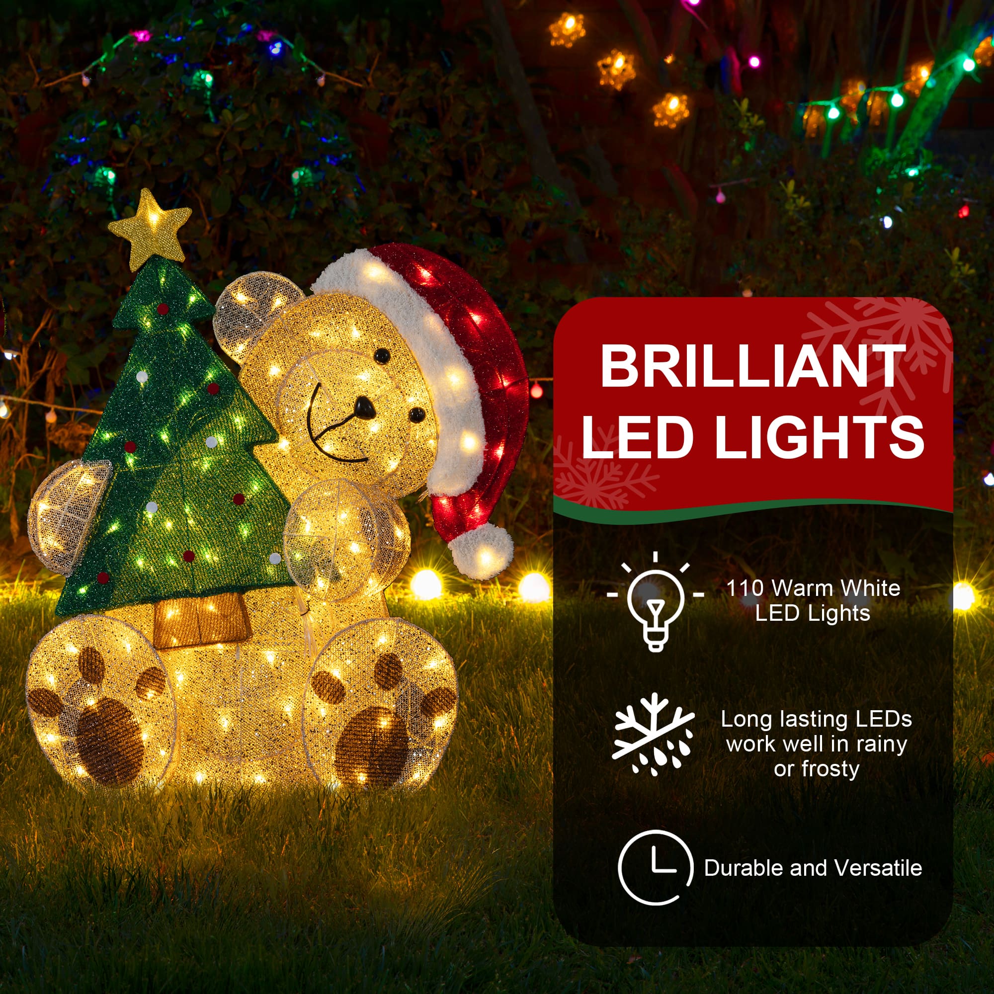 Glitzhome® 34.25" Christmas 3D Glittered Fabric Bear with Tree & 110 Warm White LED Lights