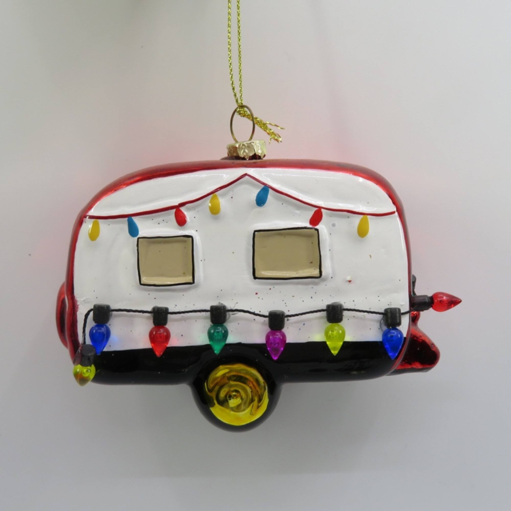 Decked Out Holiday Camper Glass Christmas Ornament - 3" - White and Red