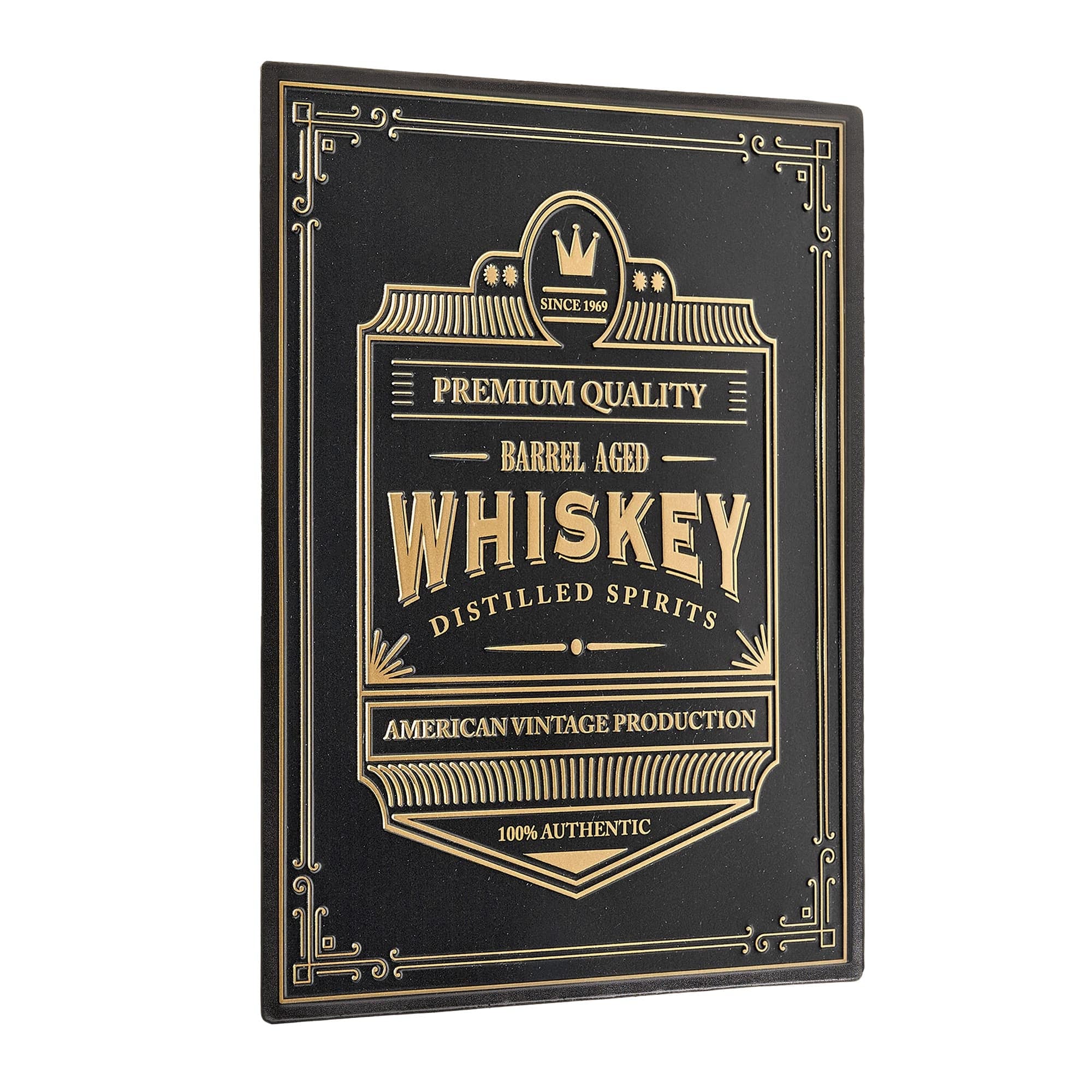 American Art Decor Barrel Aged Whiskey Embossed Black and Gold Metal Bar Sign