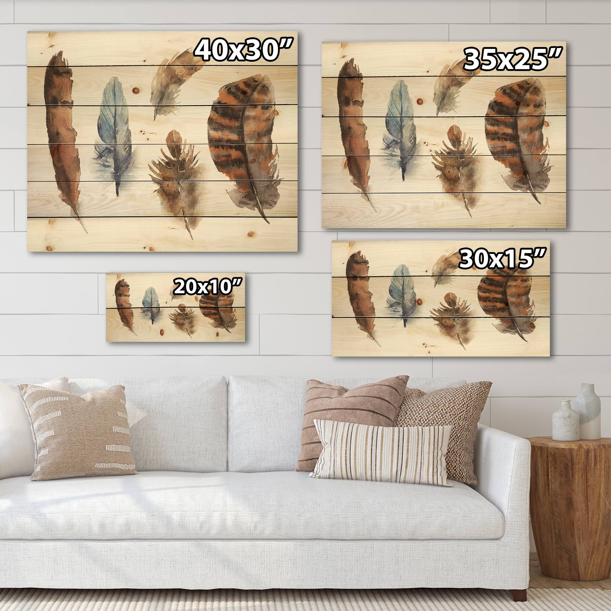 Designart - Ethnic Boho Feathers In Earth Tones - Bohemian & Eclectic Print on Natural Pine Wood