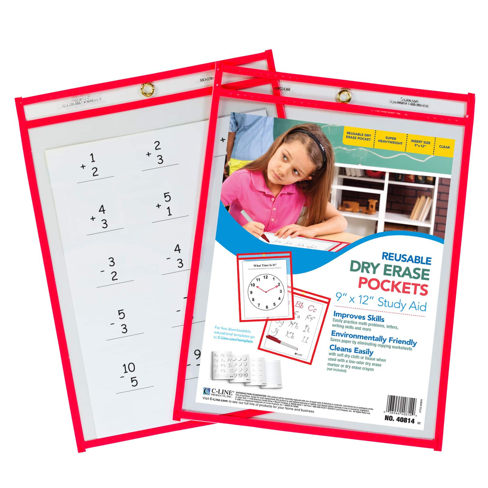 C-Line® Neon Red Reusable Dry Erase Pocket Kit Study Aid