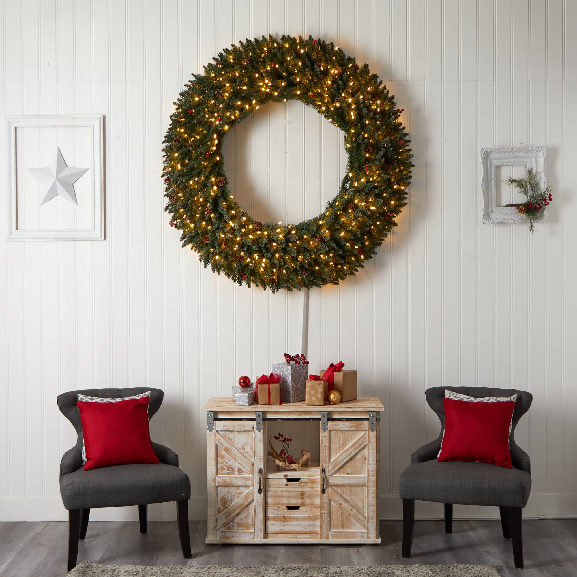 5ft. Clear LED Lights Flocked Artificial Christmas Wreath With Pinecones & Berries