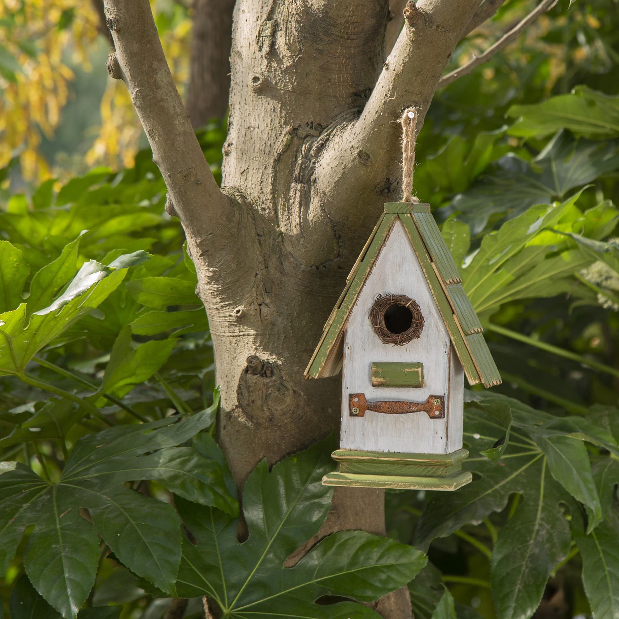Glitzhome® 11" Hanging Wood Green Roof Garden Decorative Birdhouse