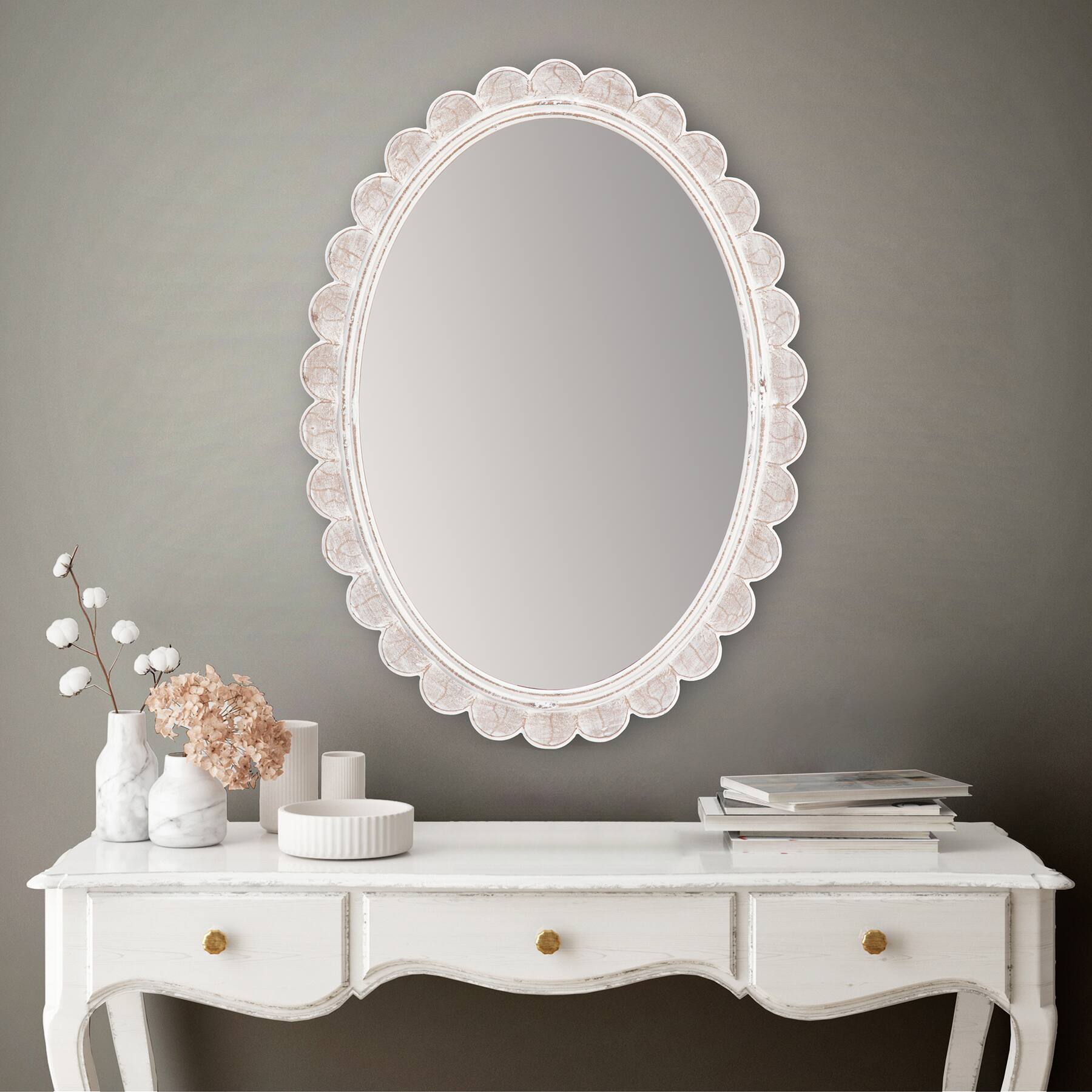 Habitat Carai 30" Distressed White Mirror with Scalloped Frame