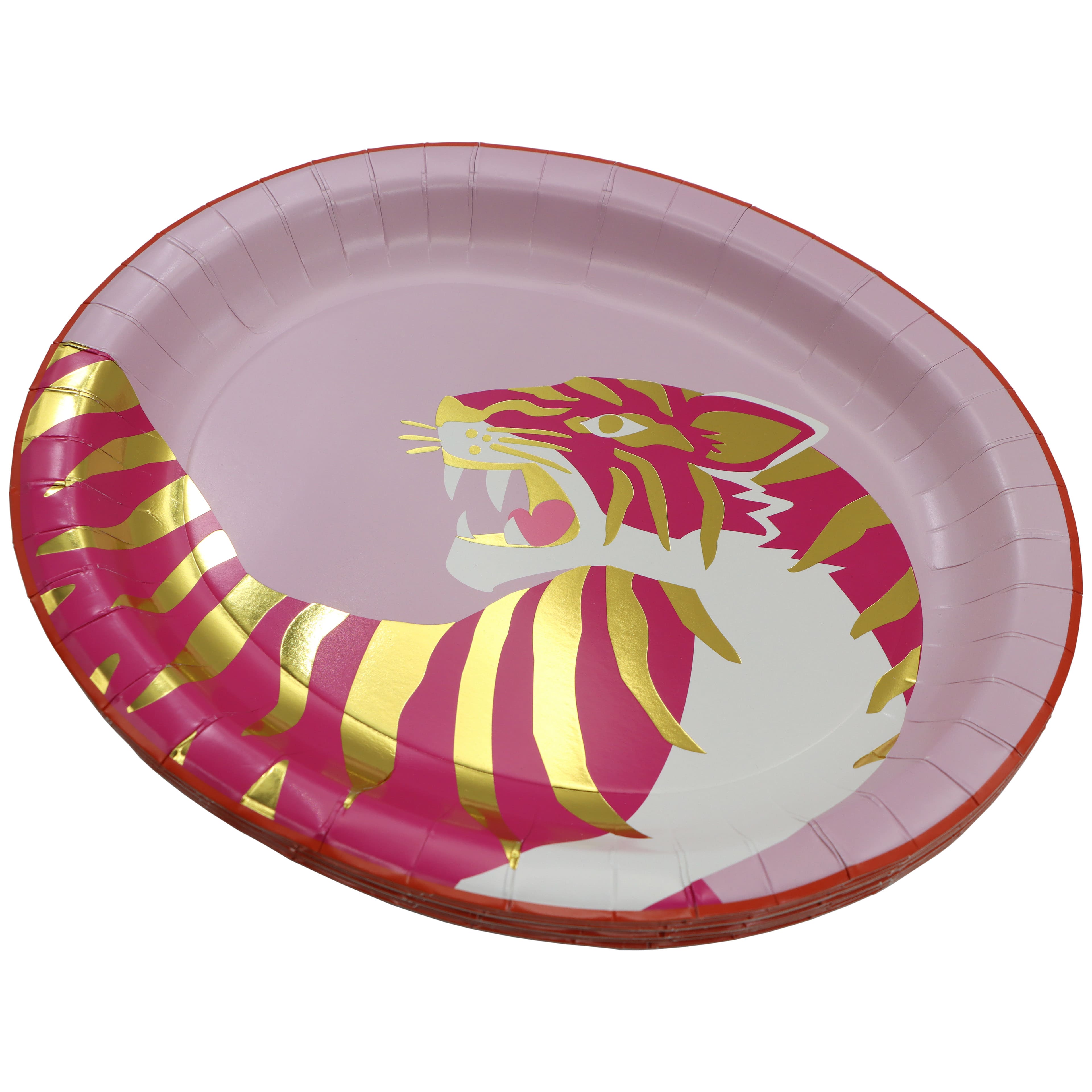 Pink Jungle 12.25" Gold & Pink Tiger Oval Paper Plates, 10ct. by Celebrate It™