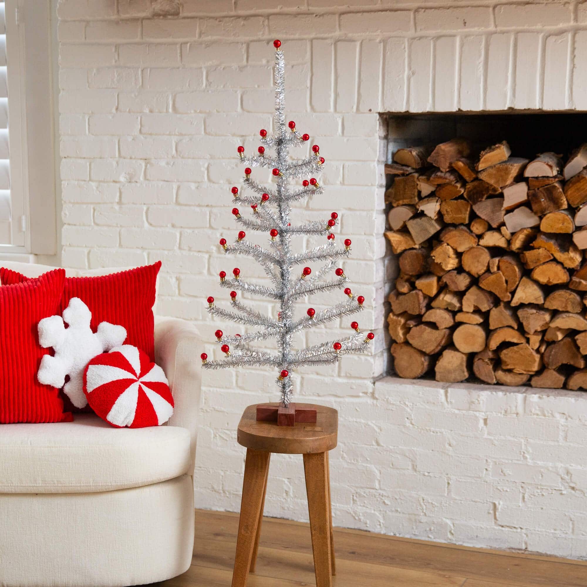 3ft. Artificial Retro Silver Tinsel Christmas Tree with 45 Red Mini Ornament Balls and Wooden Base