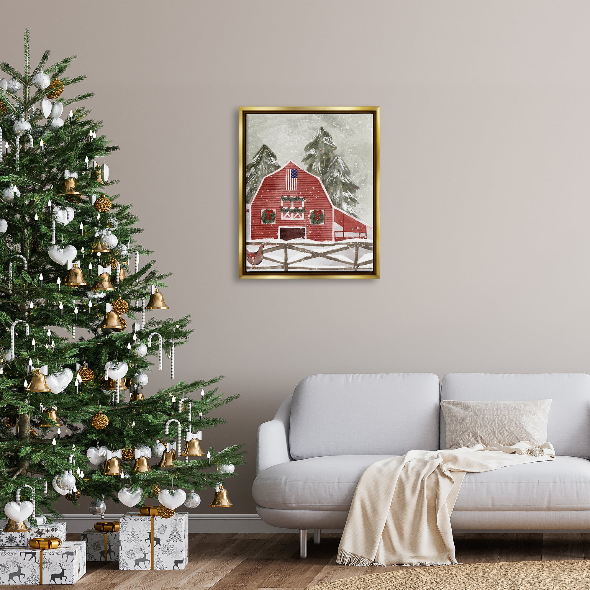 Stupell Industries Americana Barn Holiday Snow Scene Framed Floater Canvas Wall Art