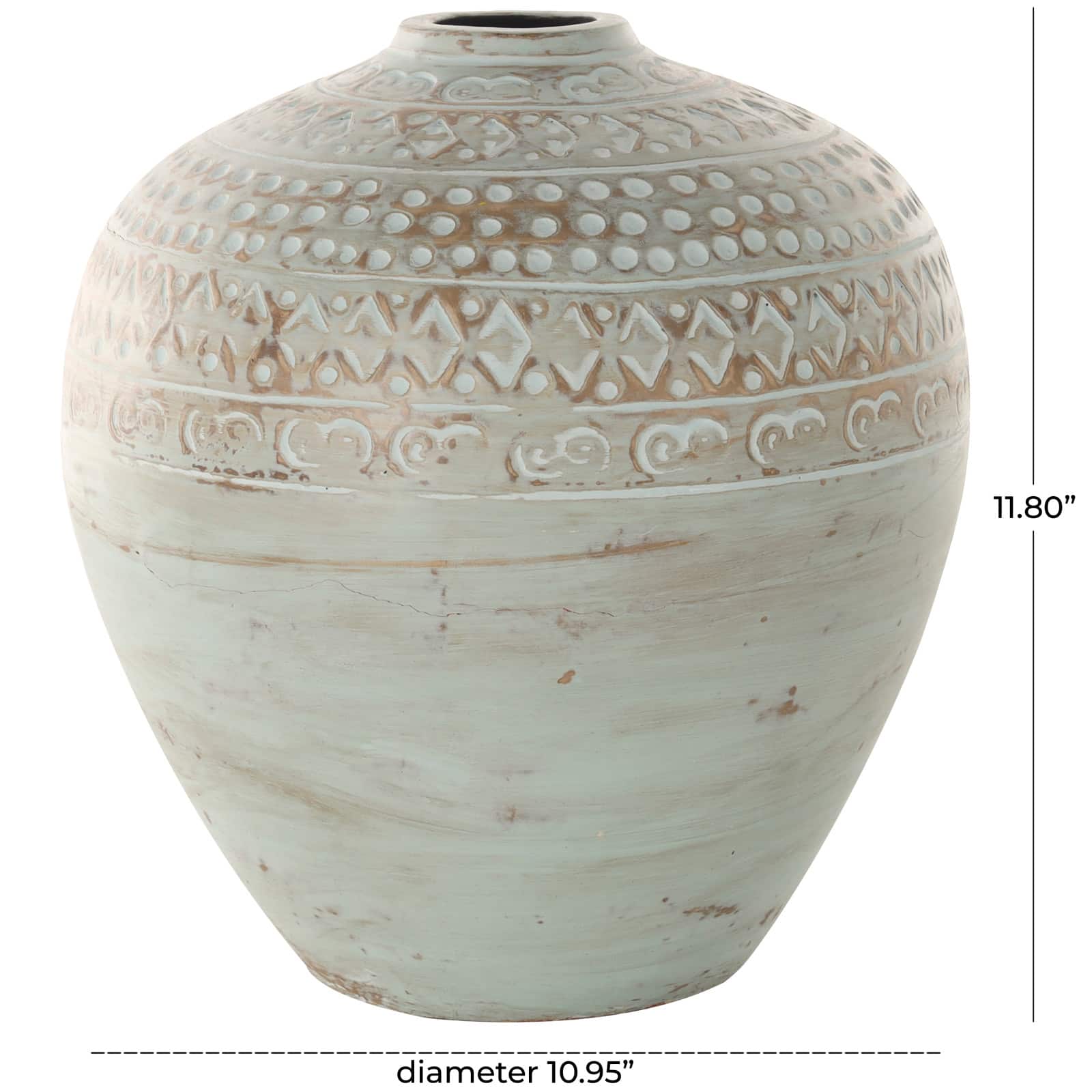 11.75" Green Antique-Style Wide Rounded Ceramic Vase with Geometric Carvings